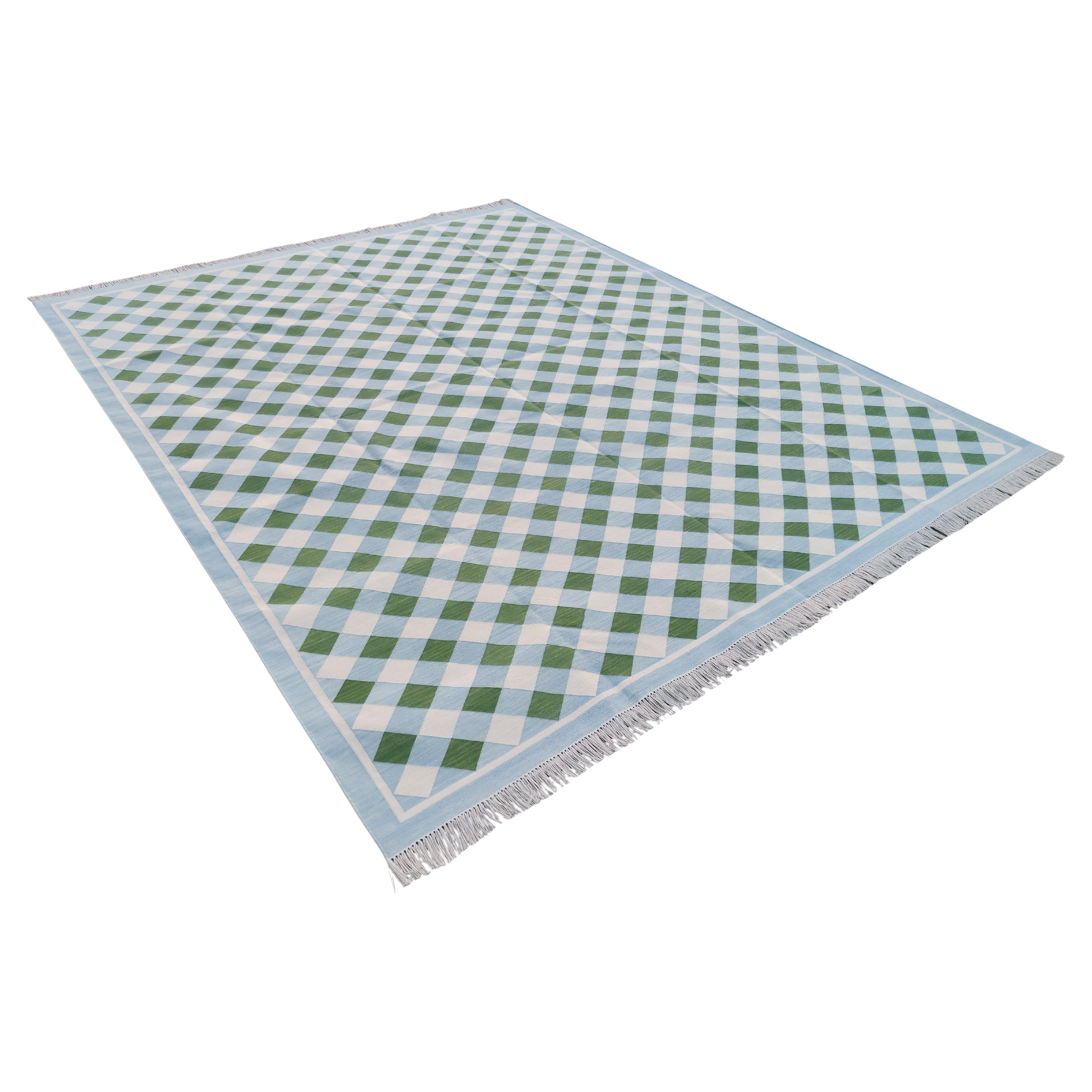 Handmade Cotton Area Flat Weave Rug, Green And Blue Checked Indian Dhurrie Rug For Sale