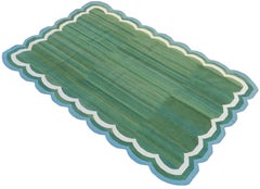 Handmade Cotton Area Flat Weave Rug, 6x9 Green And Blue Scalloped Indian Dhurrie