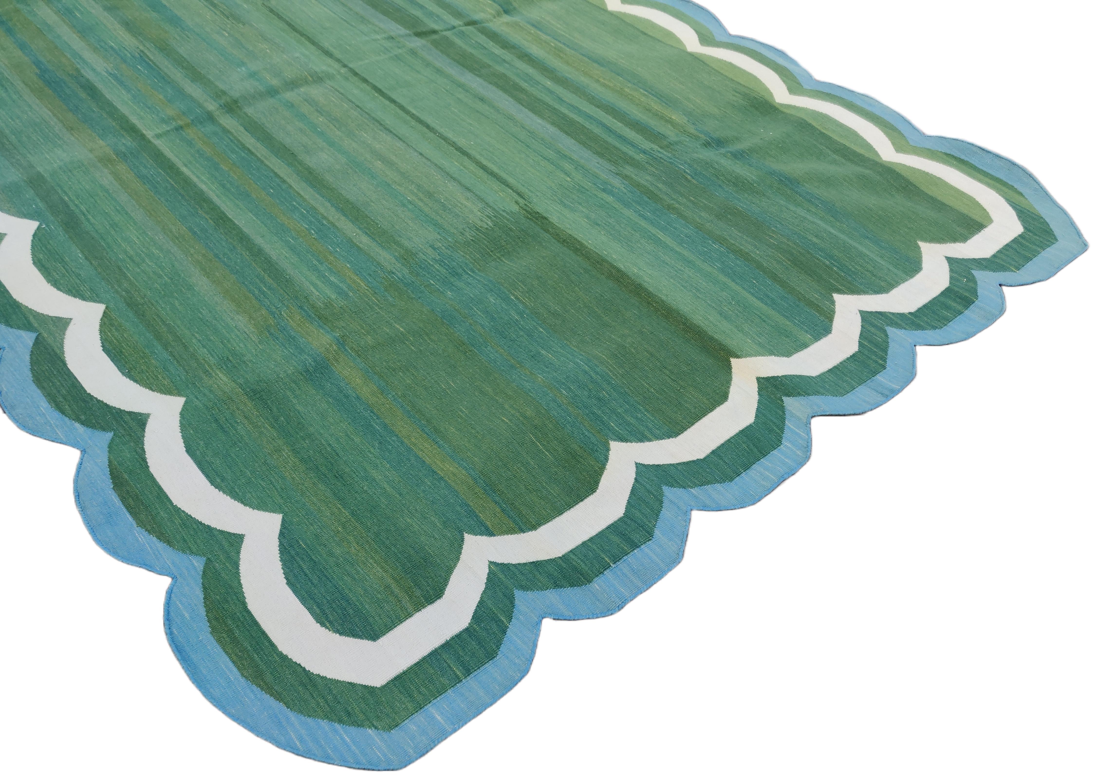Mid-Century Modern Handmade Cotton Area Flat Weave Rug, Green And Blue Scalloped Indian Dhurrie Rug For Sale