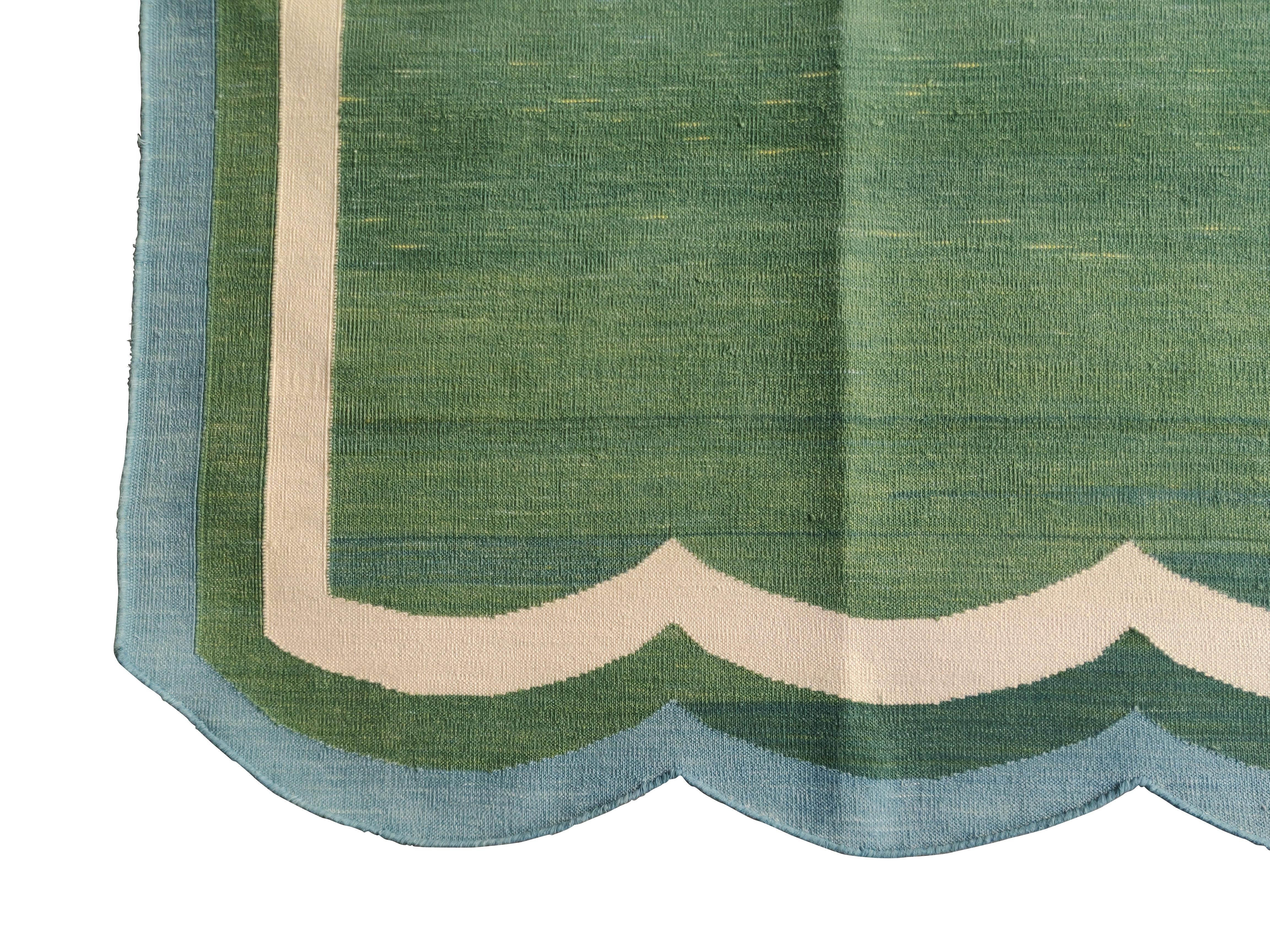 Contemporary Handmade Cotton Area Flat Weave Rug, Green And Blue Scalloped Indian Dhurrie Rug For Sale