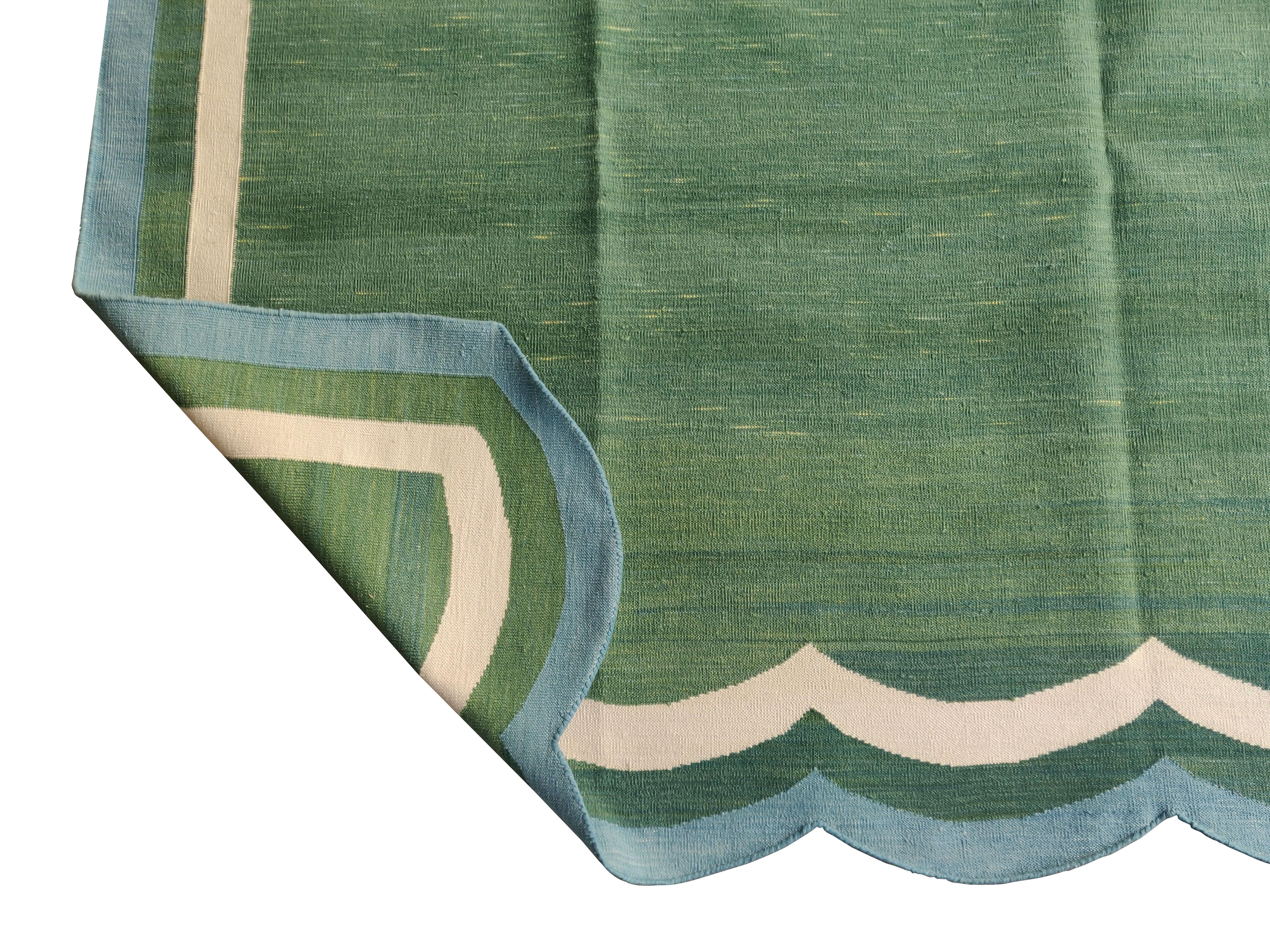 Handmade Cotton Area Flat Weave Rug, Green And Blue Scalloped Indian Dhurrie Rug For Sale 1