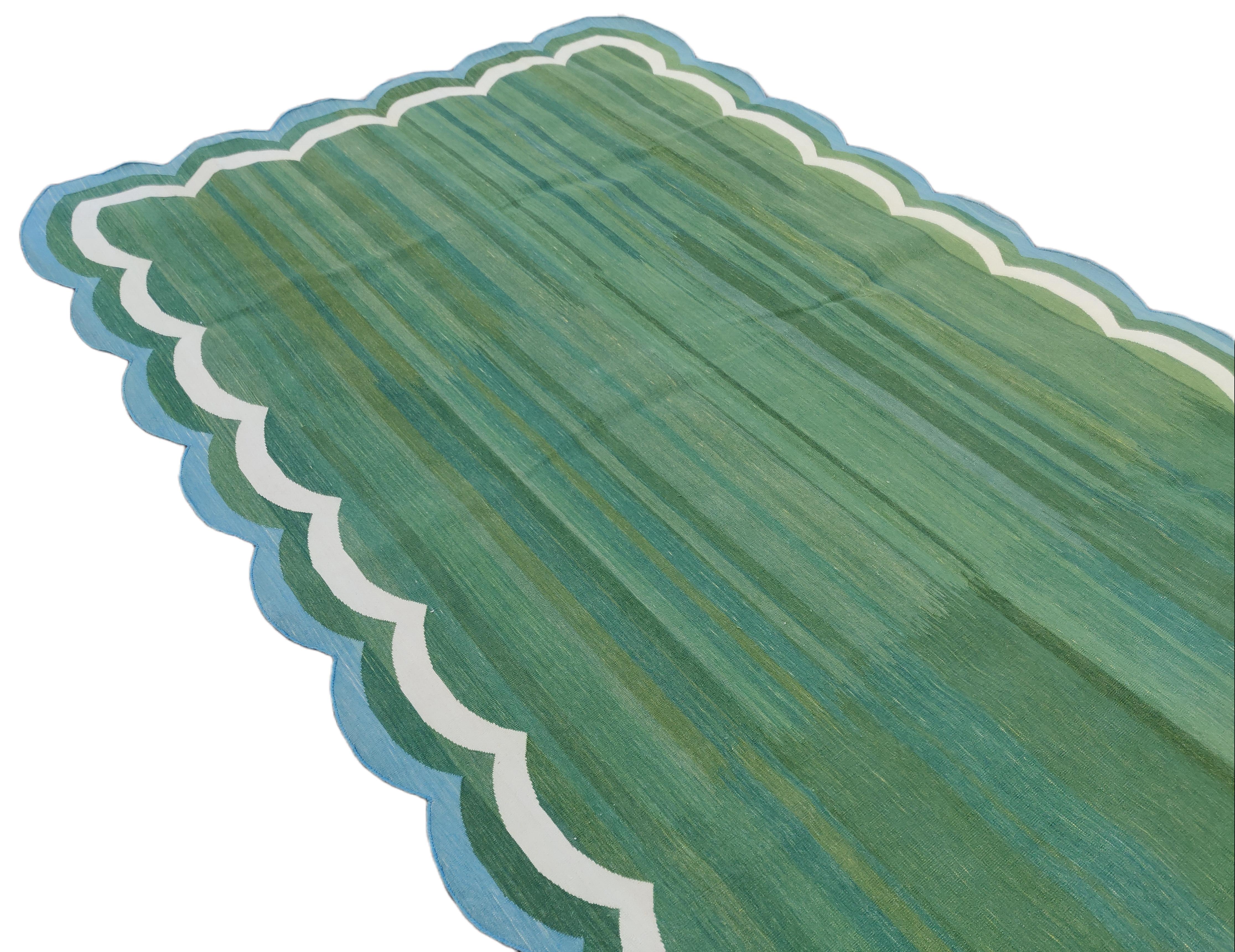 Handmade Cotton Area Flat Weave Rug, Green And Blue Scalloped Indian Dhurrie Rug For Sale 2