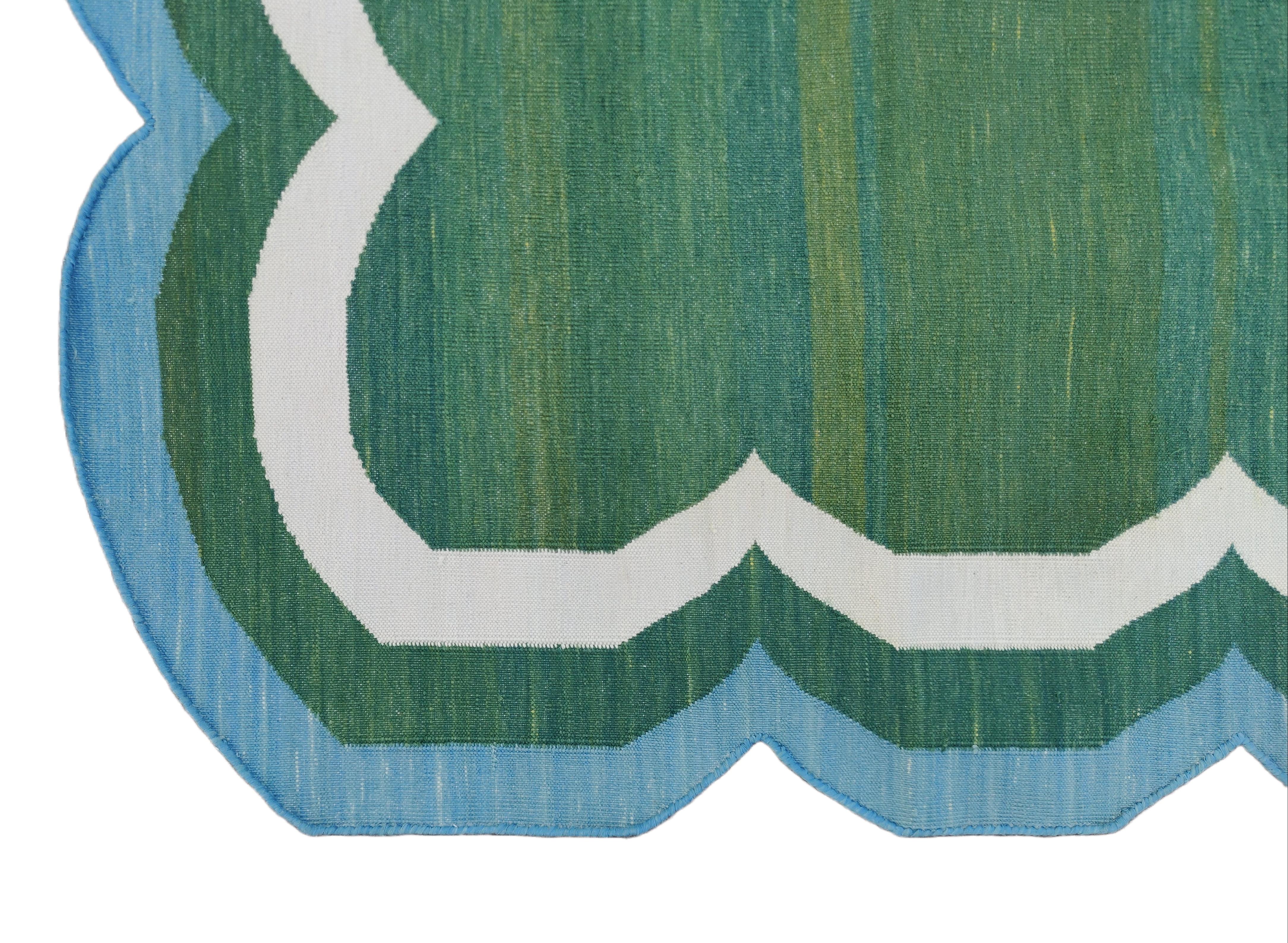 Handmade Cotton Area Flat Weave Rug, Green And Blue Scalloped Indian Dhurrie Rug For Sale 3