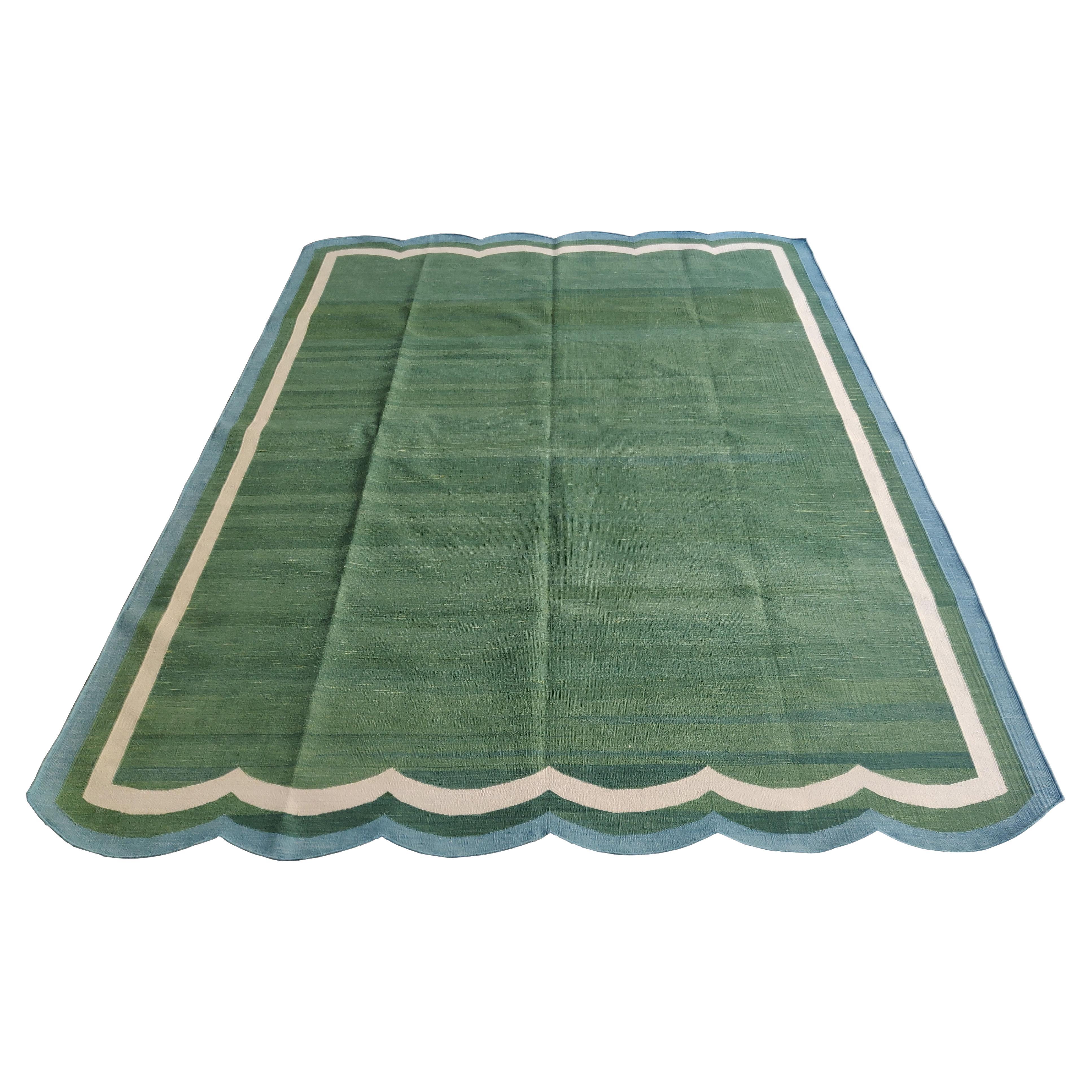Handmade Cotton Area Flat Weave Rug, Green And Blue Scalloped Indian Dhurrie Rug For Sale