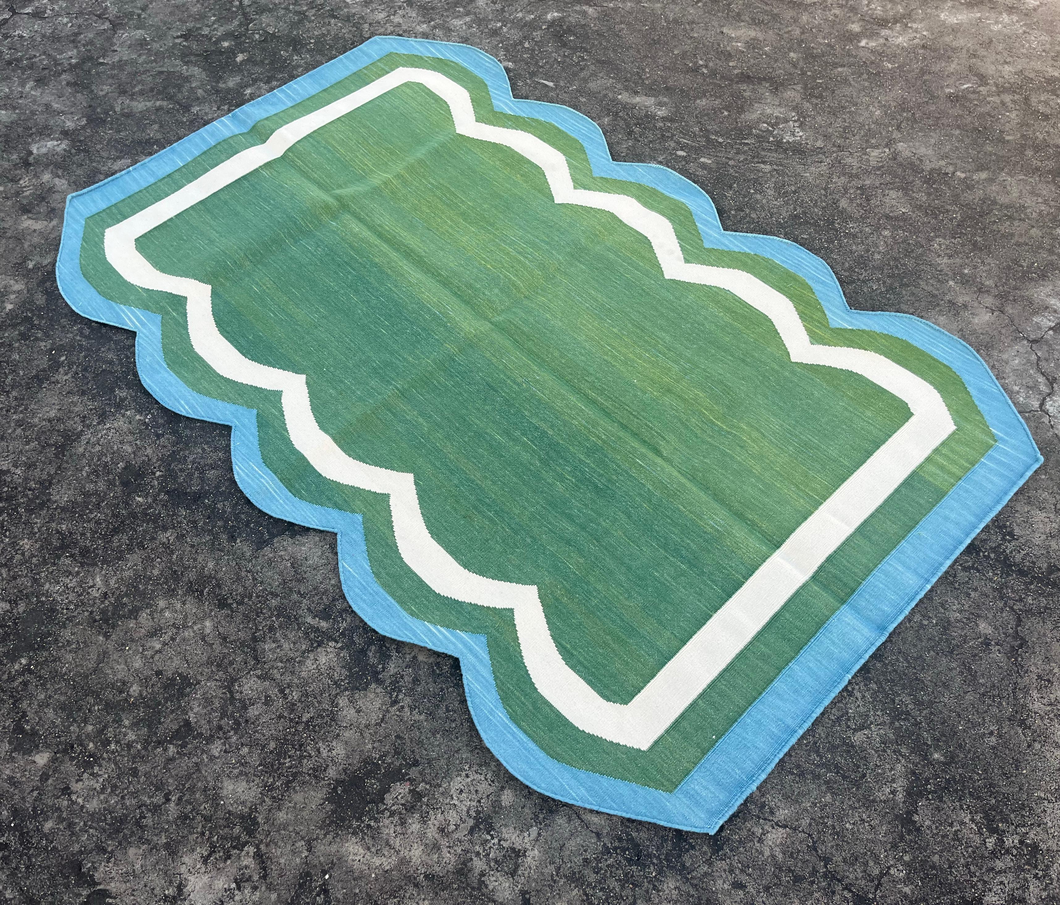 Handmade Cotton Area Flat Weave Rug, Green And Sky Blue Scalloped Indian Dhurrie For Sale 4