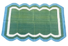 Handmade Cotton Area Flat Weave Rug, Green And Sky Blue Scalloped Indian Dhurrie