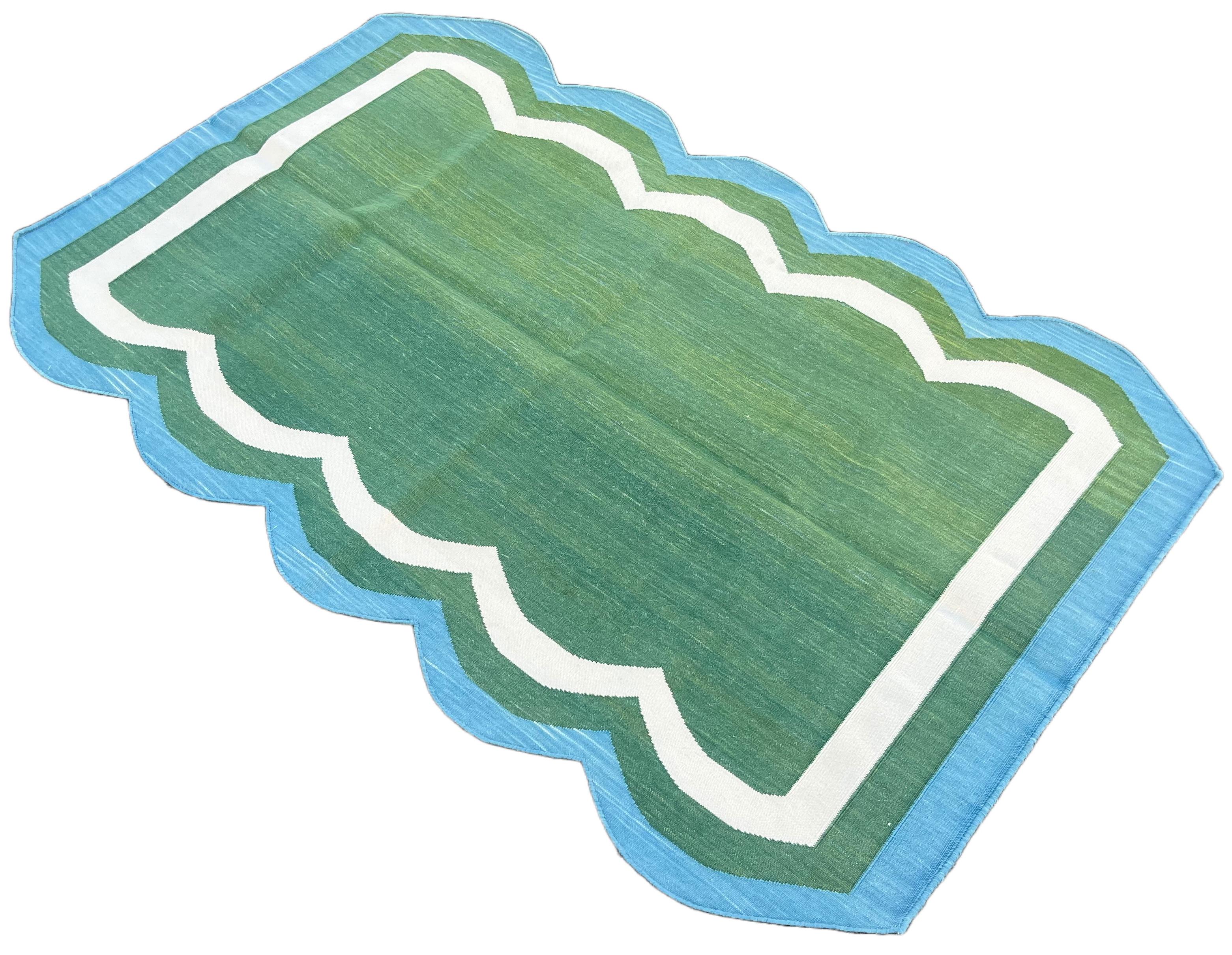 Mid-Century Modern Handmade Cotton Area Flat Weave Rug, Green And Sky Blue Scalloped Indian Dhurrie For Sale