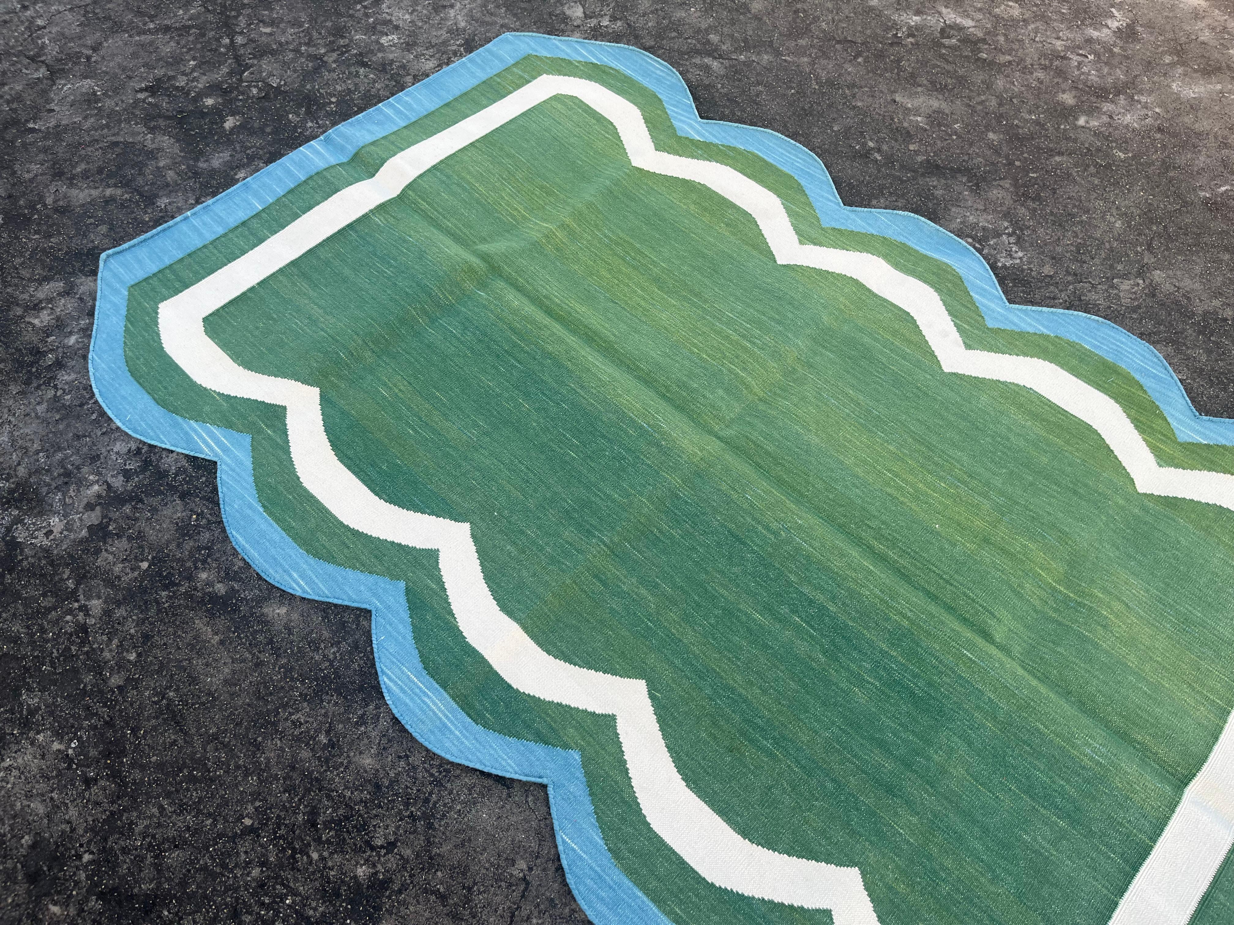 Contemporary Handmade Cotton Area Flat Weave Rug, Green And Sky Blue Scalloped Indian Dhurrie For Sale