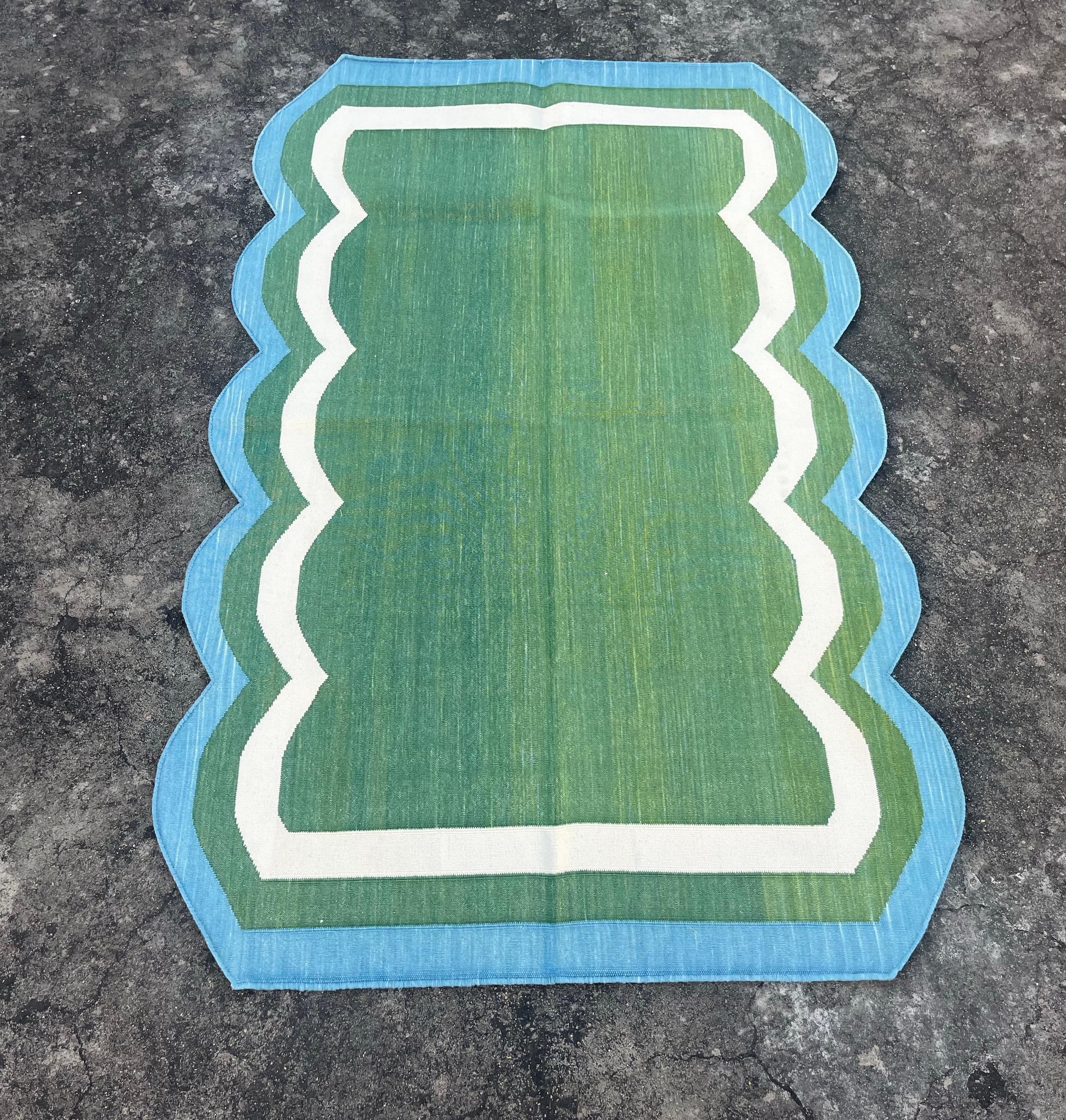 Handmade Cotton Area Flat Weave Rug, Green And Sky Blue Scalloped Indian Dhurrie For Sale 1