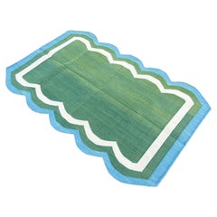 Handmade Cotton Area Flat Weave Rug, Green And Sky Blue Scalloped Indian Dhurrie