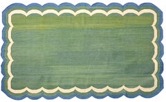 Handmade Cotton Area Flat Weave Rug, Green And Teal Blue Scallop Indian Dhurrie