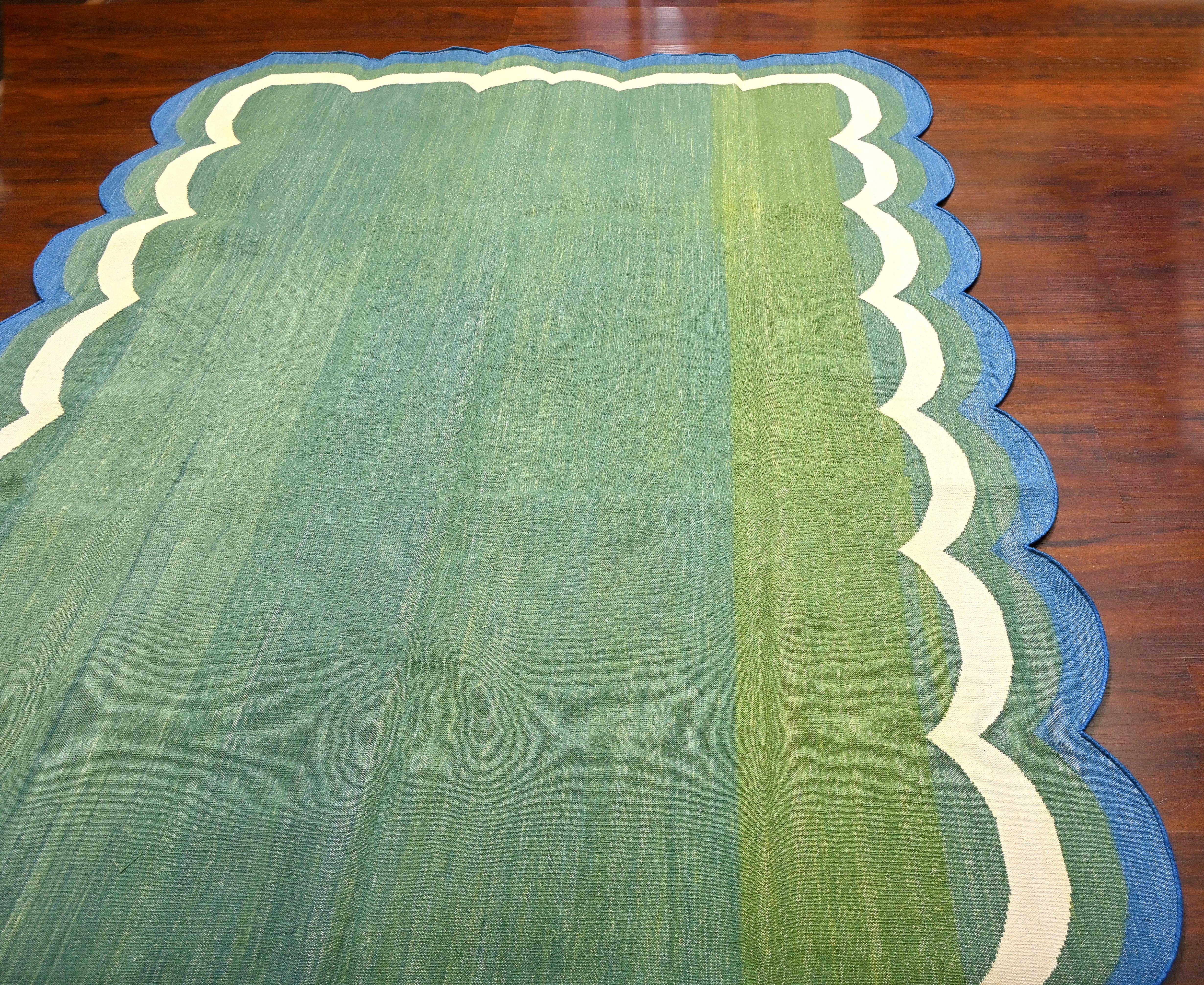 Handmade Cotton Area Flat Weave Rug, Green And Teal Blue Scallop Indian Dhurrie For Sale 1