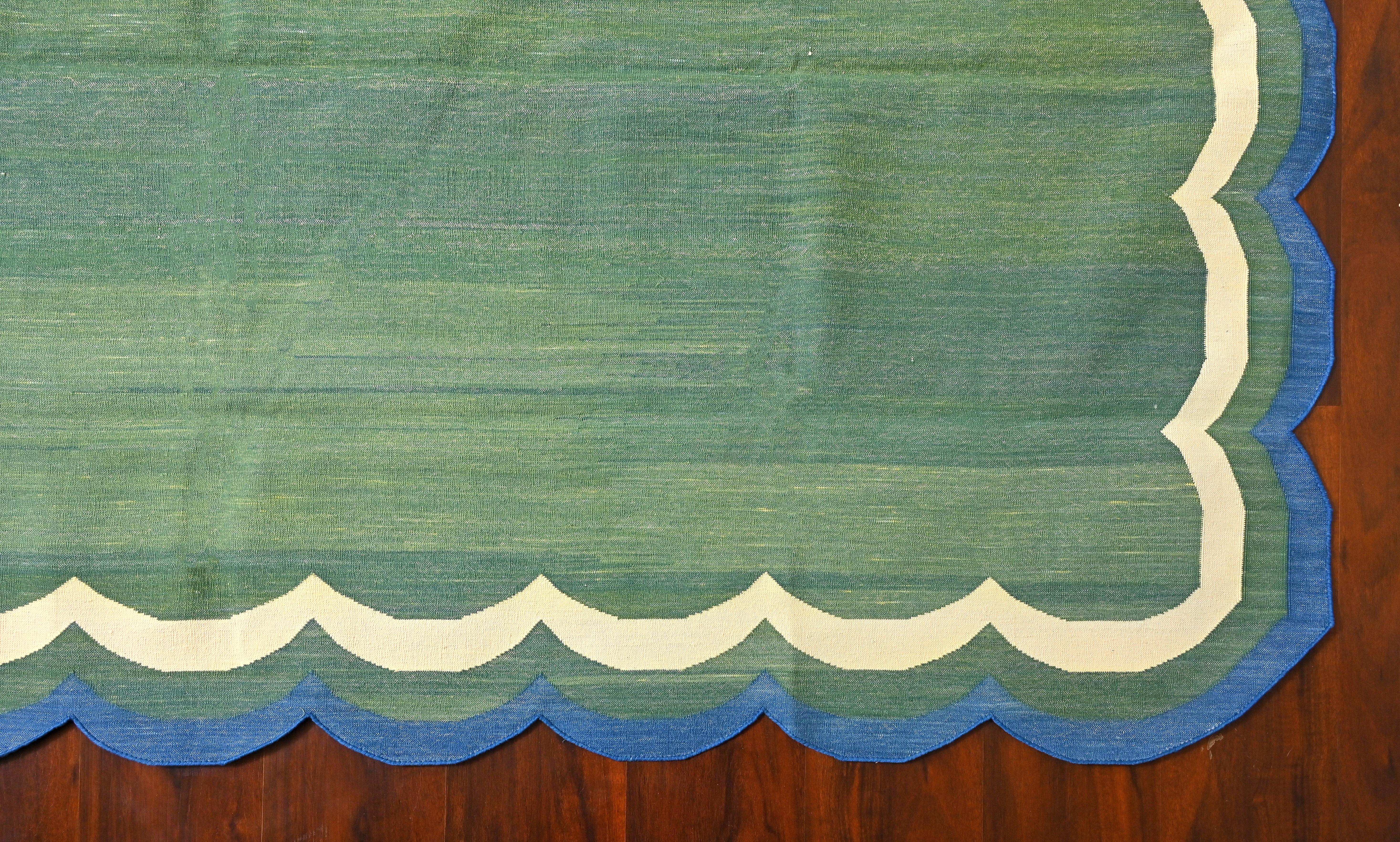 Handmade Cotton Area Flat Weave Rug, Green And Teal Blue Scallop Indian Dhurrie For Sale 2