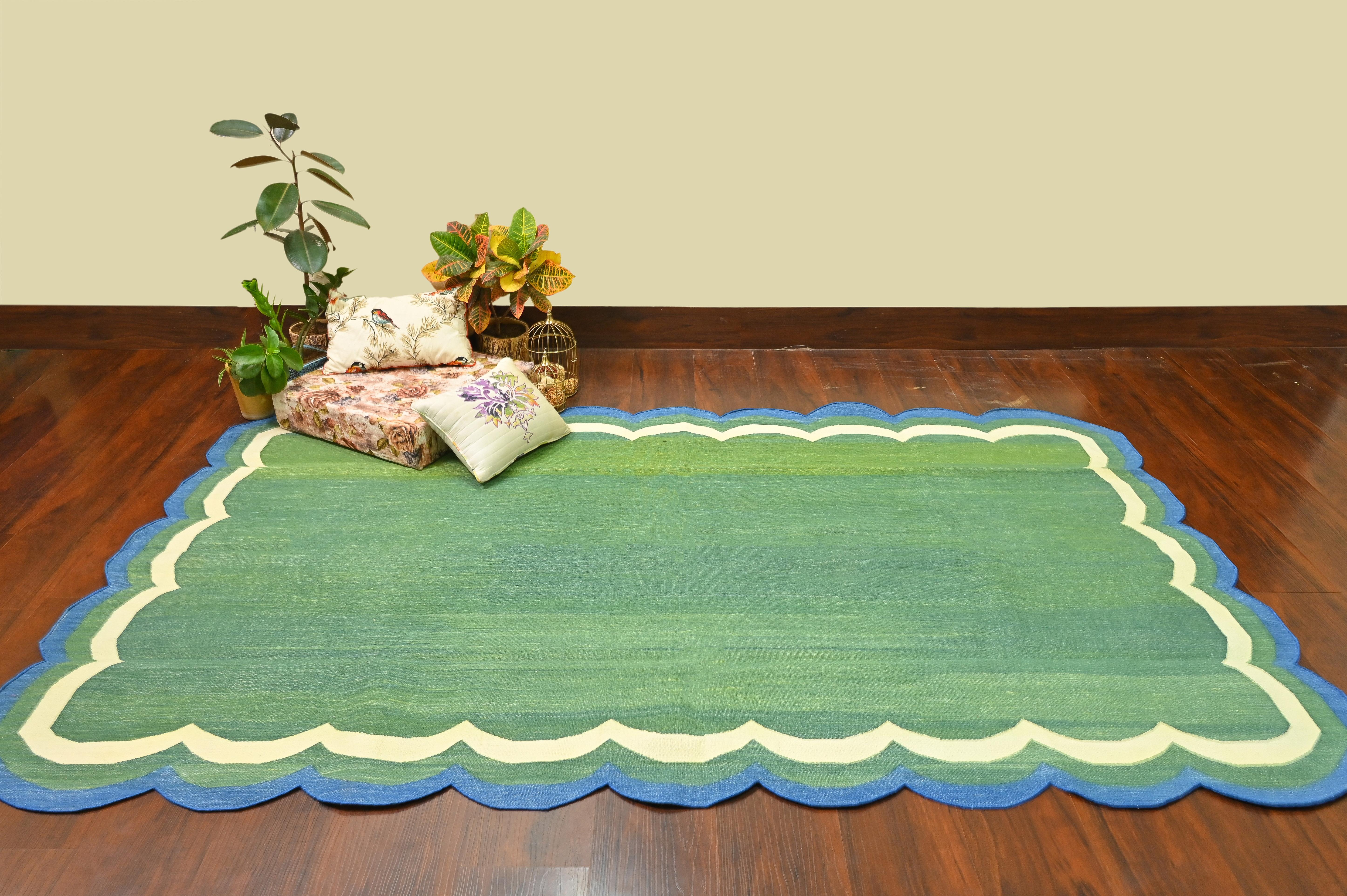 Handmade Cotton Area Flat Weave Rug, Green And Teal Blue Scallop Indian Dhurrie For Sale 3