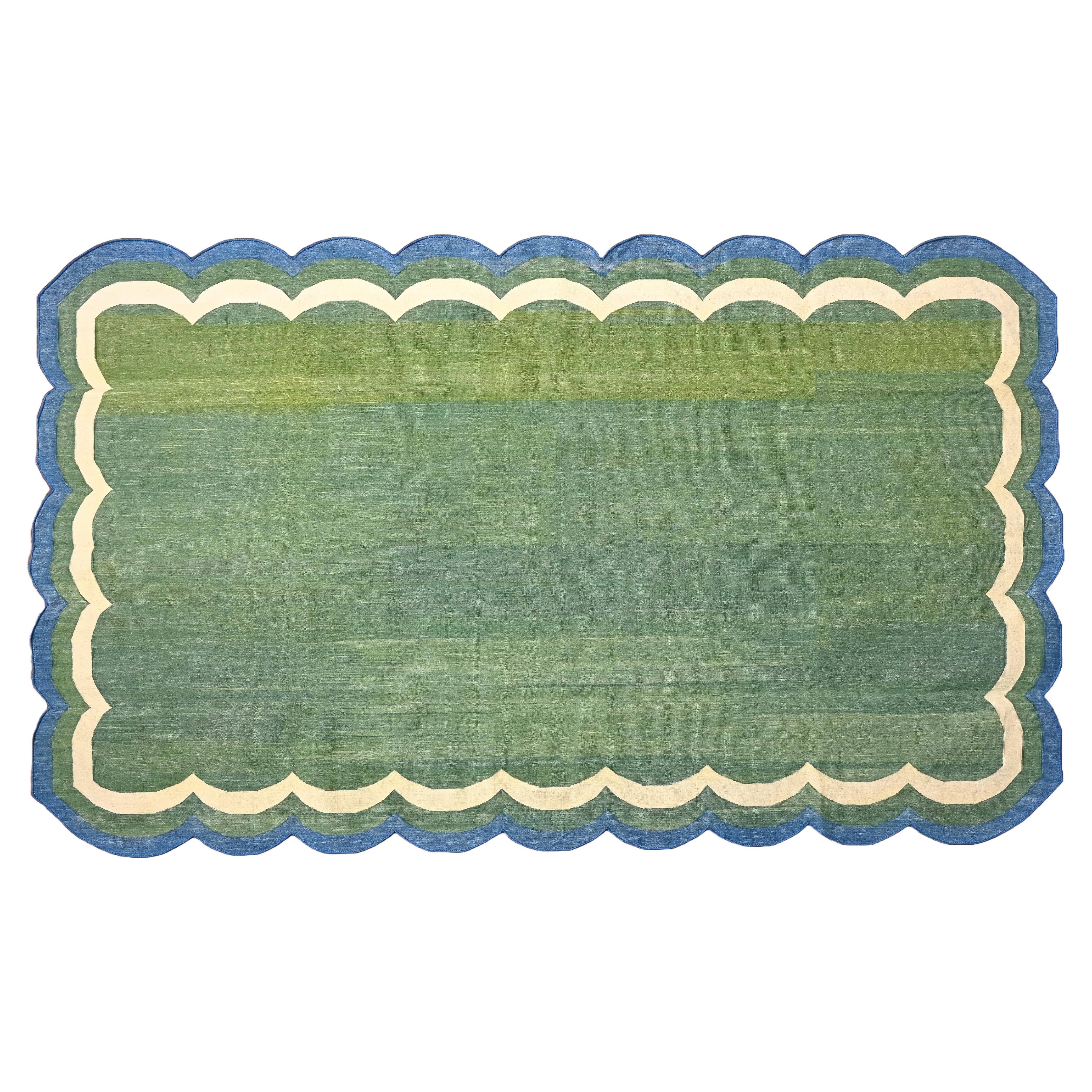 Handmade Cotton Area Flat Weave Rug, Green And Teal Blue Scallop Indian Dhurrie For Sale