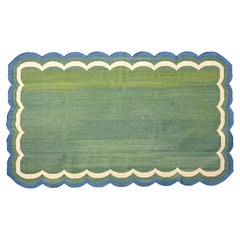 Tapis en coton tissé à plat, vert et bleu sarcelle festonné Indian Dhurrie