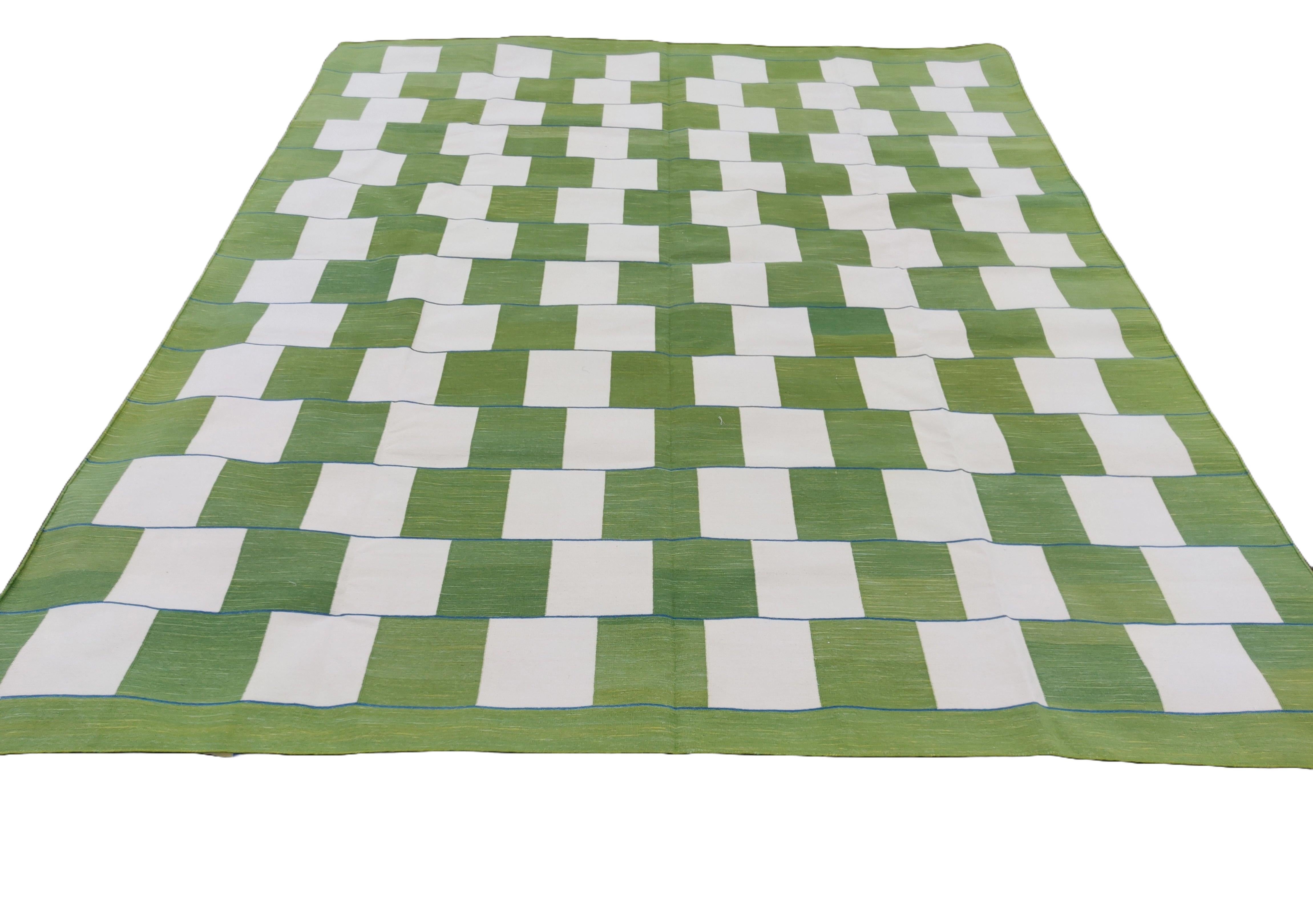 Hand-Woven Handmade Cotton Area Flat Weave Rug, Green And White Checked Indian Dhurrie Rug For Sale