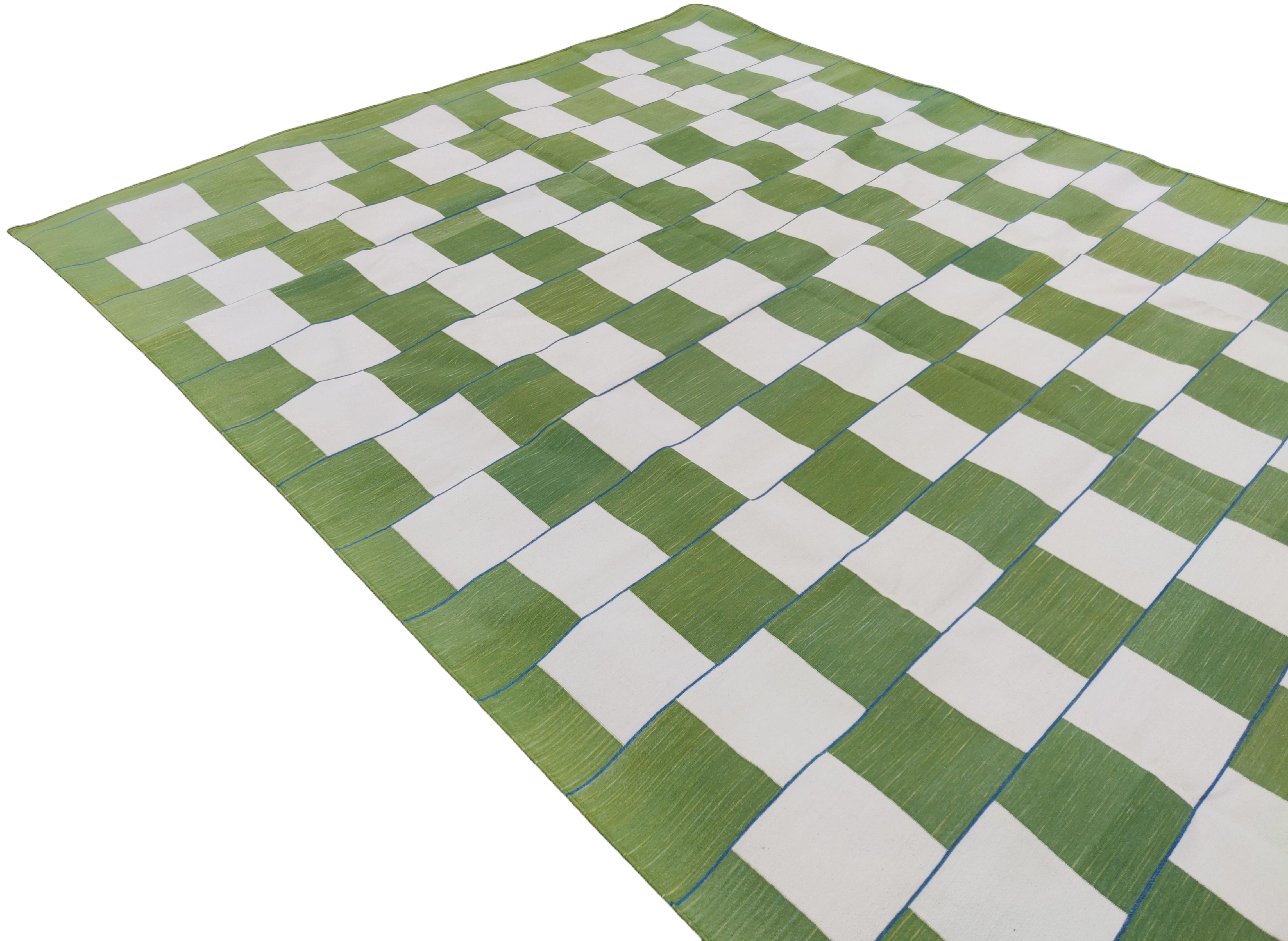 Handmade Cotton Area Flat Weave Rug, Green And White Checked Indian Dhurrie Rug For Sale 1