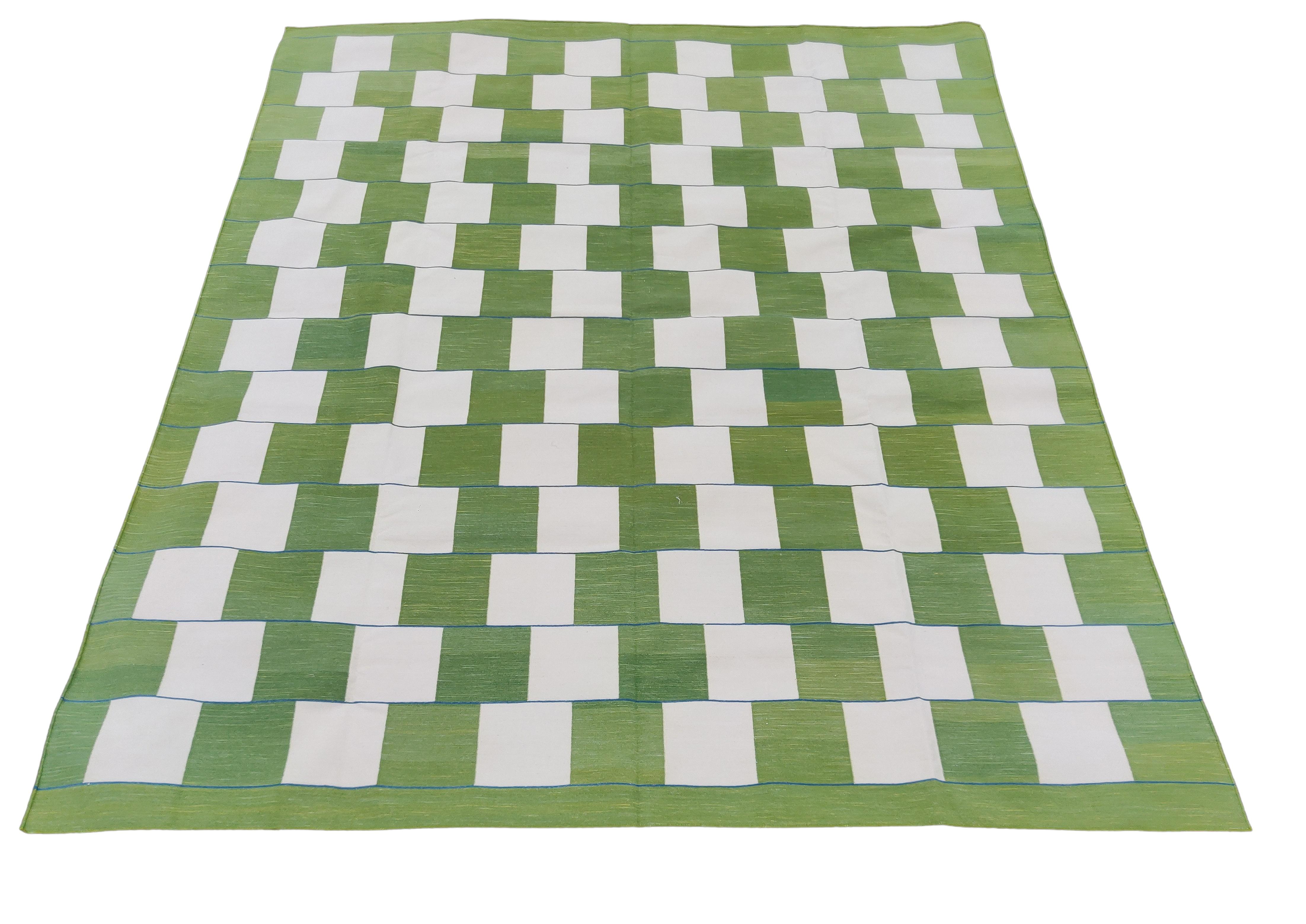 Handmade Cotton Area Flat Weave Rug, Green And White Checked Indian Dhurrie Rug For Sale 2