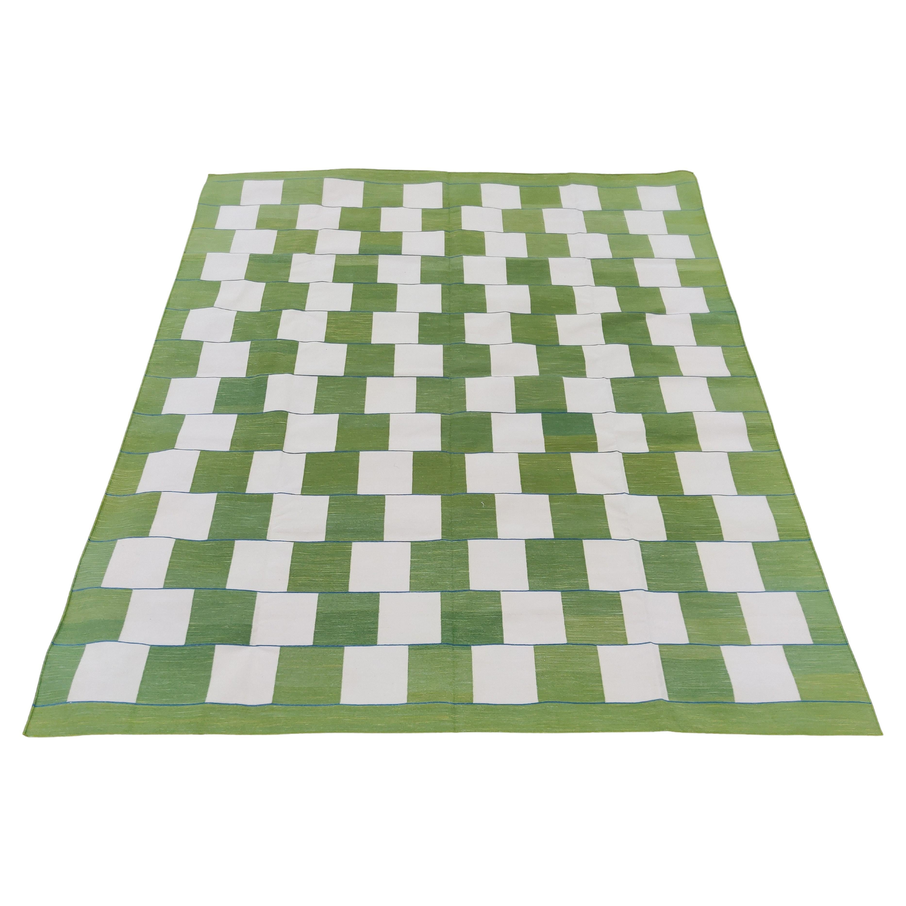Handmade Cotton Area Flat Weave Rug, Green And White Checked Indian Dhurrie Rug For Sale