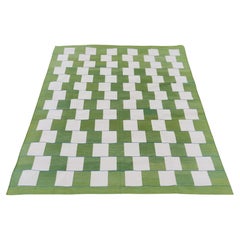 Handmade Cotton Area Flat Weave Rug, Green And White Checked Indian Dhurrie Rug