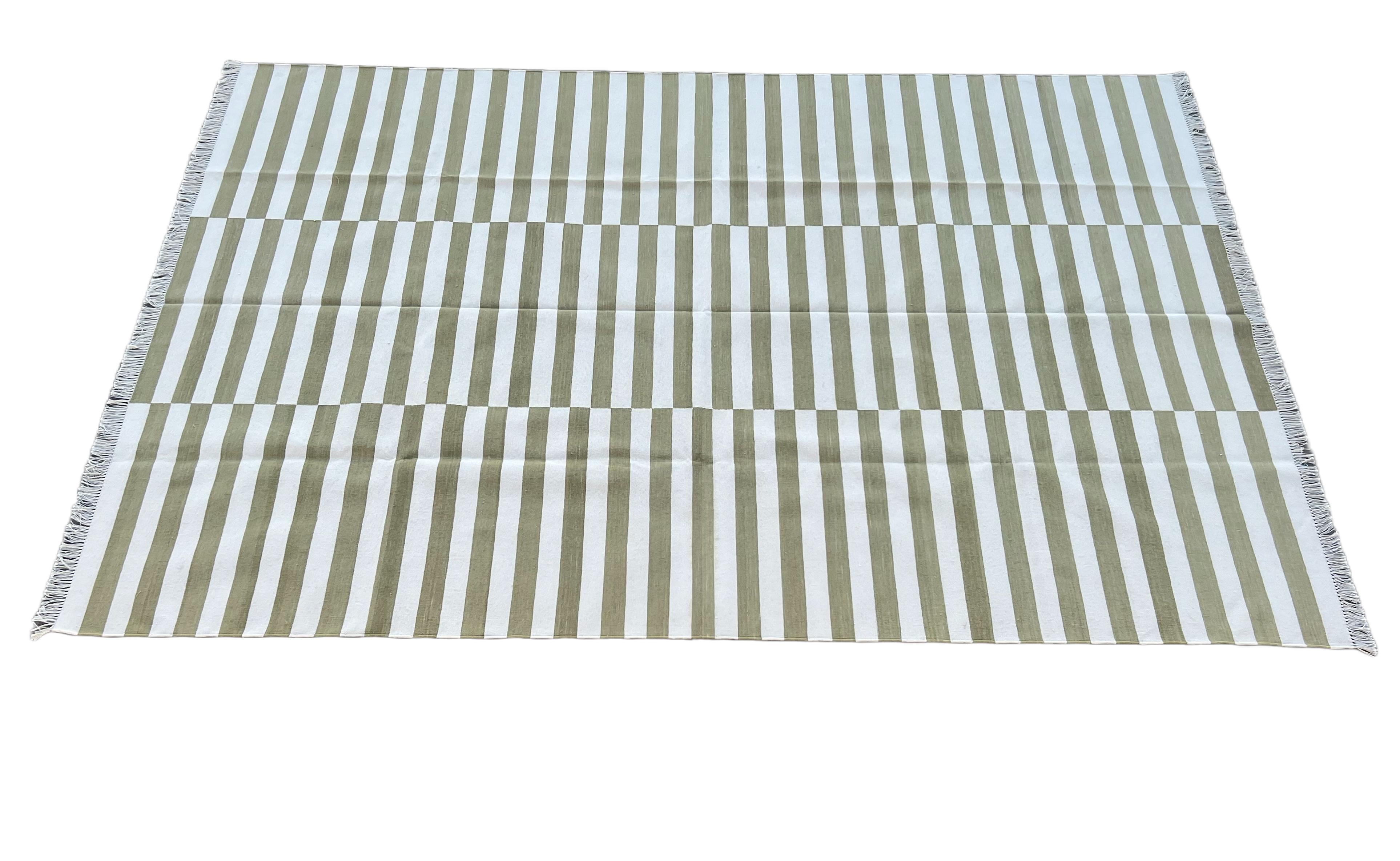 Handmade Cotton Area Flat Weave Rug, Green And White Striped Indian Dhurrie Rug For Sale 4