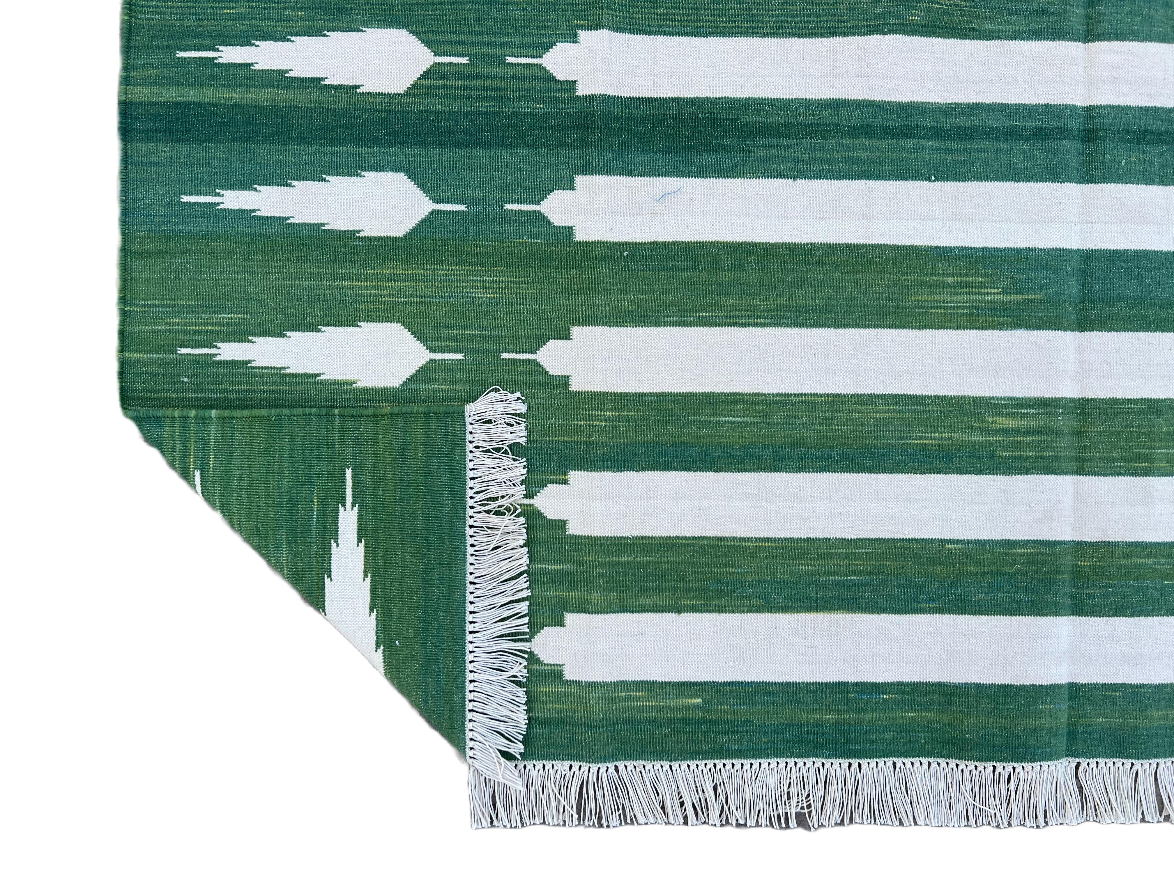 Handmade Cotton Area Flat Weave Rug, Green And White Striped Indian Dhurrie Rug For Sale 5