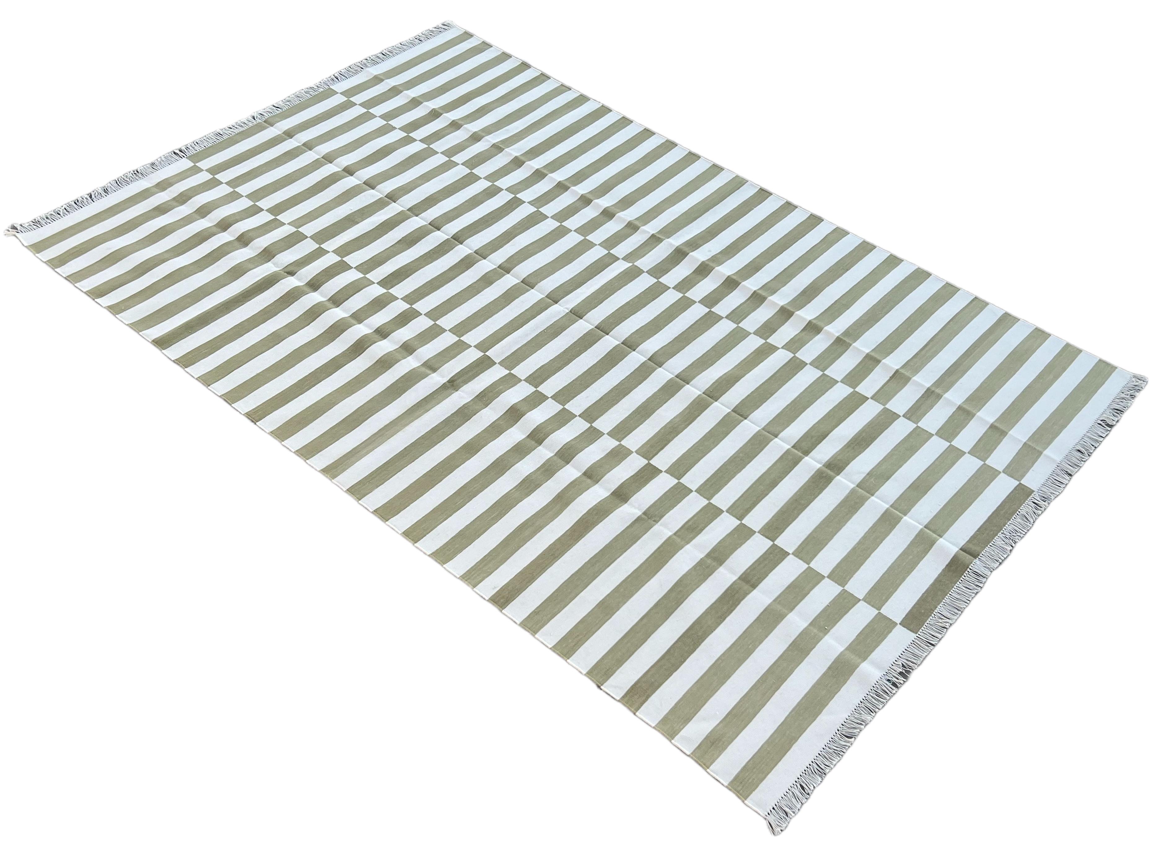 Handmade Cotton Area Flat Weave Rug, Green And White Striped Indian Dhurrie Rug For Sale 5