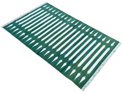 Handmade Cotton Area Flat Weave Rug, Green And White Striped Indian Dhurrie Rug