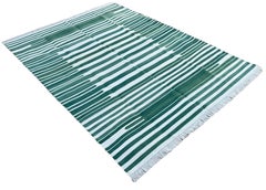 Handmade Cotton Area Flat Weave Rug, Green And White Striped Indian Dhurrie Rug