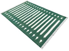 Handmade Cotton Area Flat Weave Rug, Green And White Striped Indian Dhurrie Rug