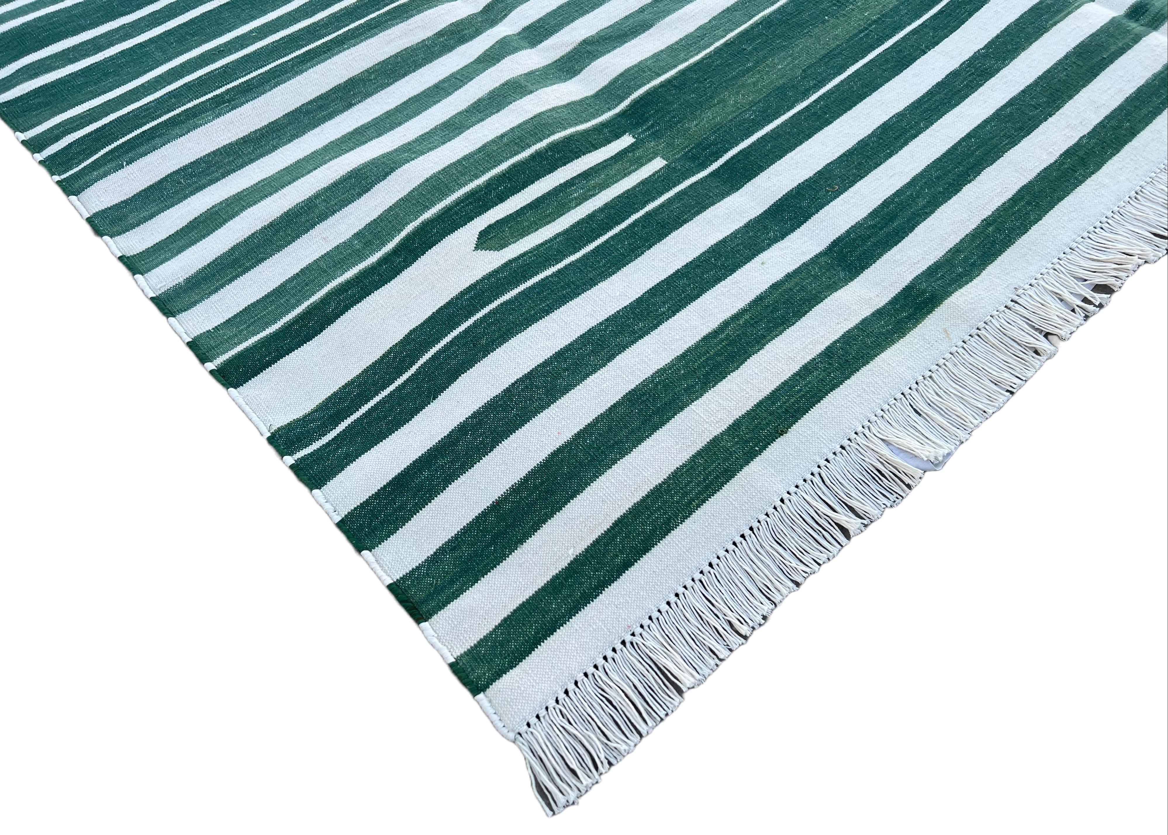 Mid-Century Modern Handmade Cotton Area Flat Weave Rug, Green And White Striped Indian Dhurrie Rug For Sale