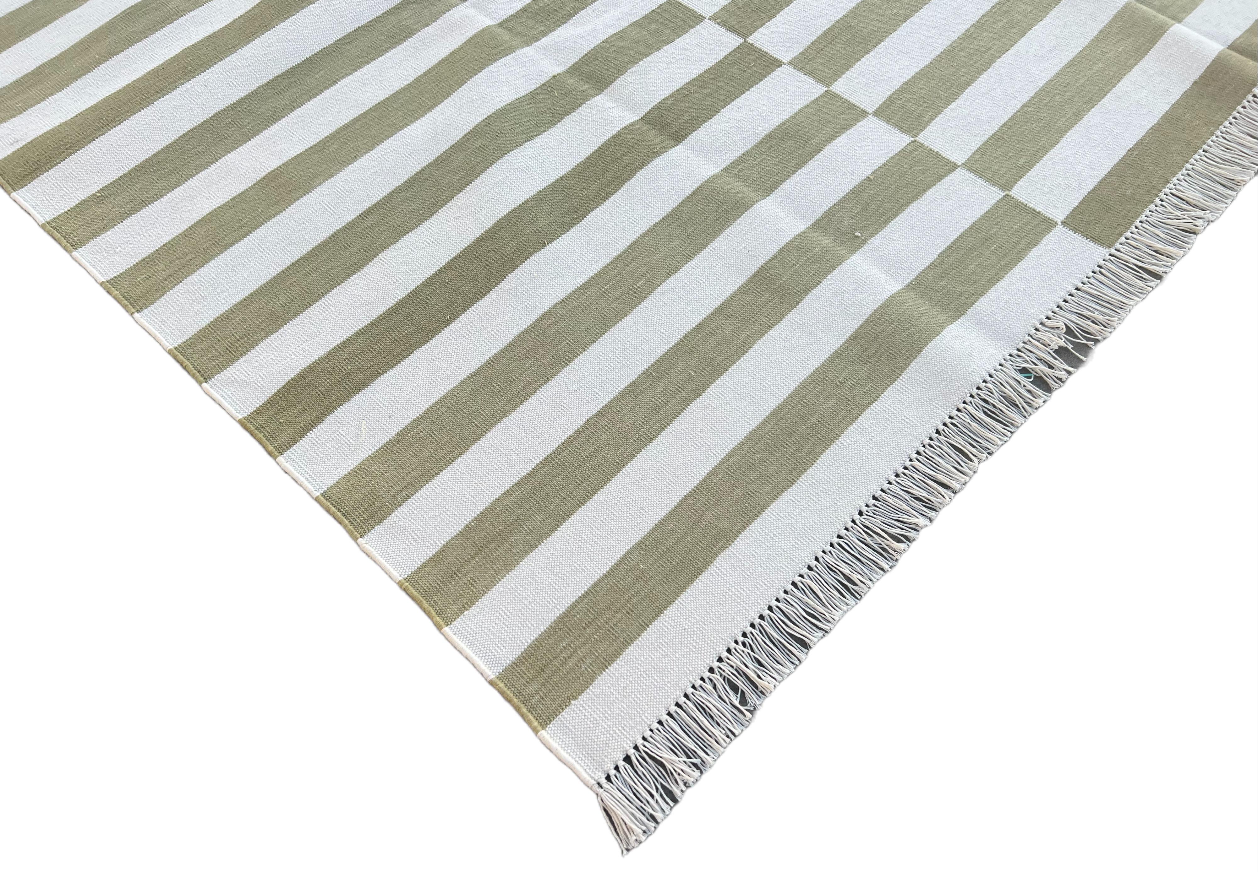 Mid-Century Modern Handmade Cotton Area Flat Weave Rug, Green And White Striped Indian Dhurrie Rug For Sale