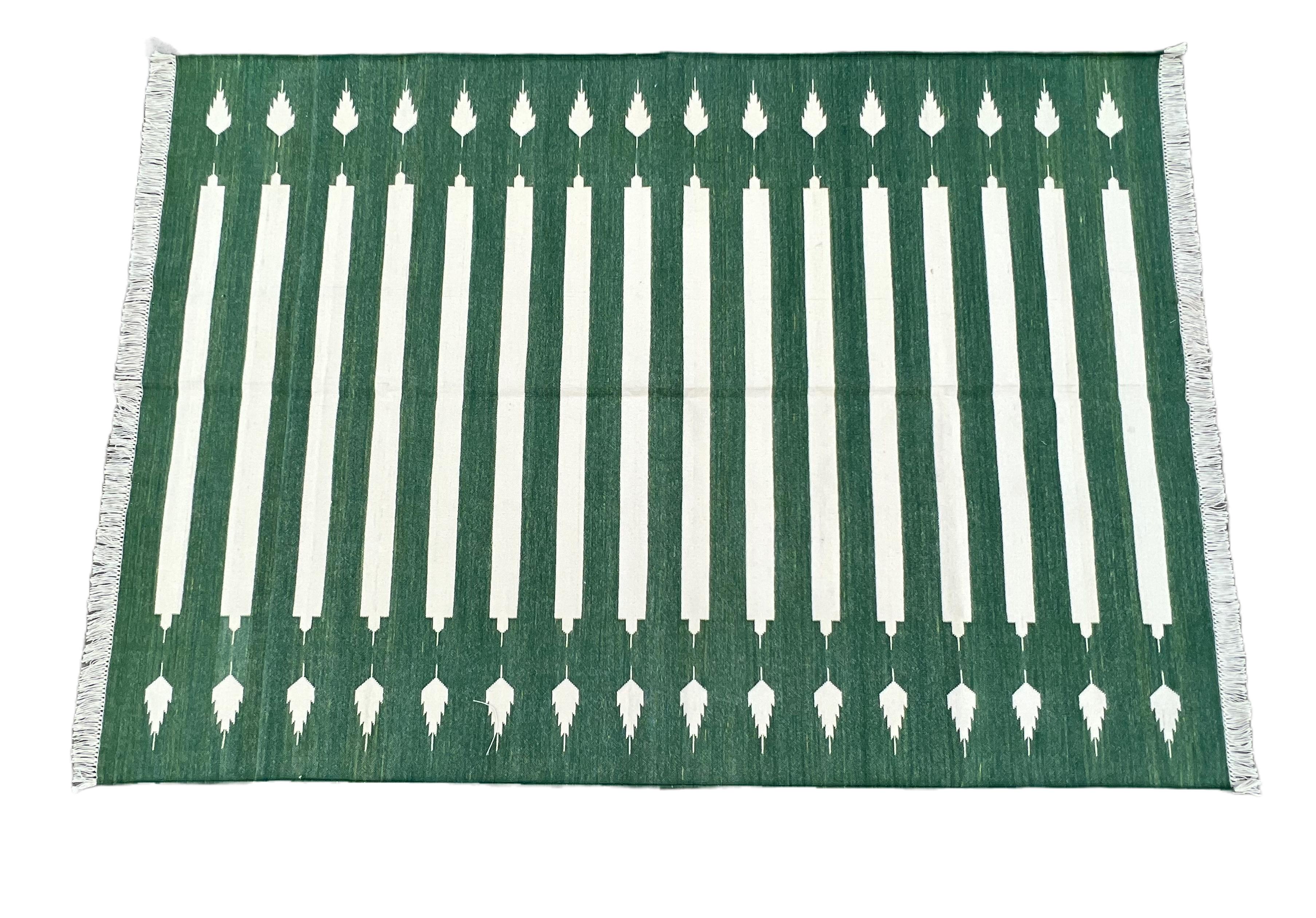 Mid-Century Modern Handmade Cotton Area Flat Weave Rug, Green And White Striped Indian Dhurrie Rug For Sale