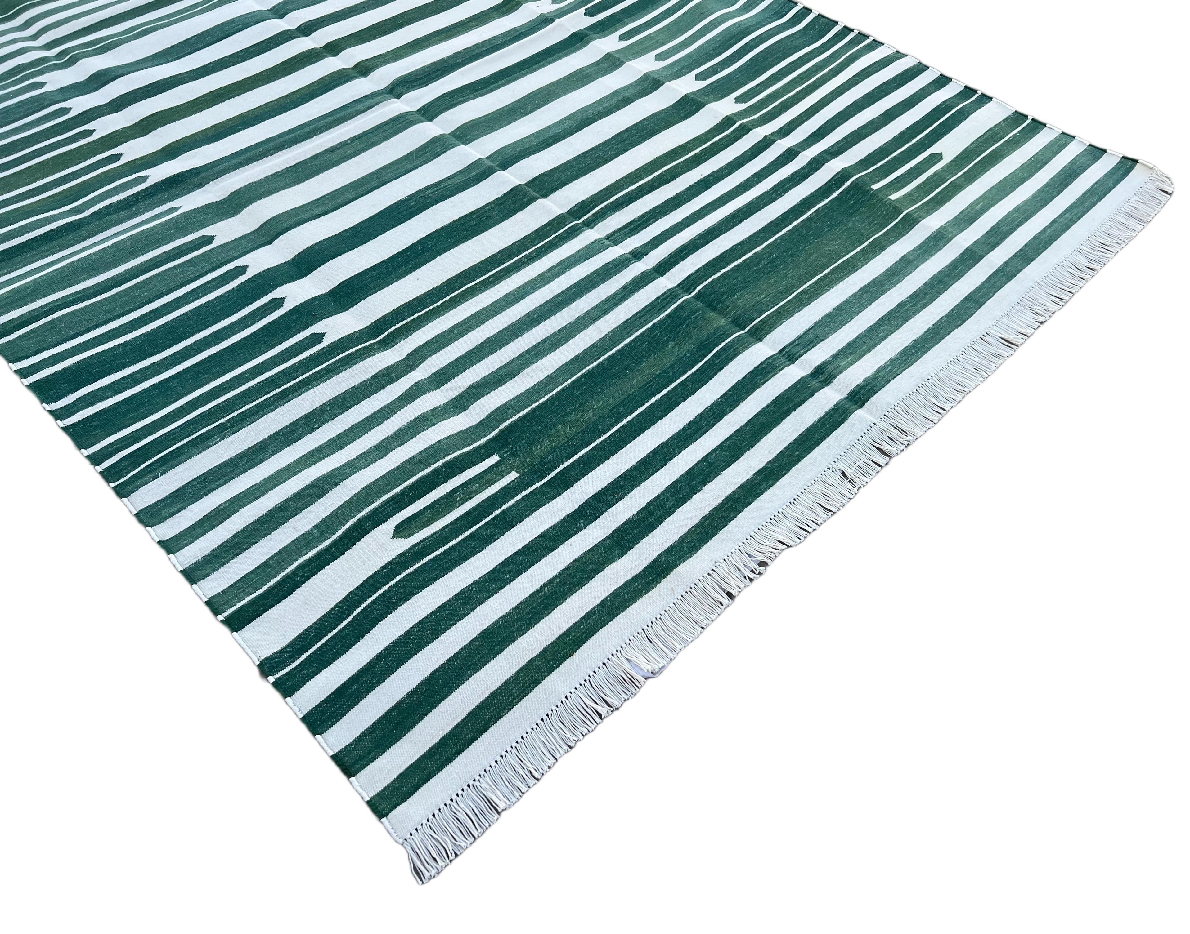 Hand-Woven Handmade Cotton Area Flat Weave Rug, Green And White Striped Indian Dhurrie Rug For Sale