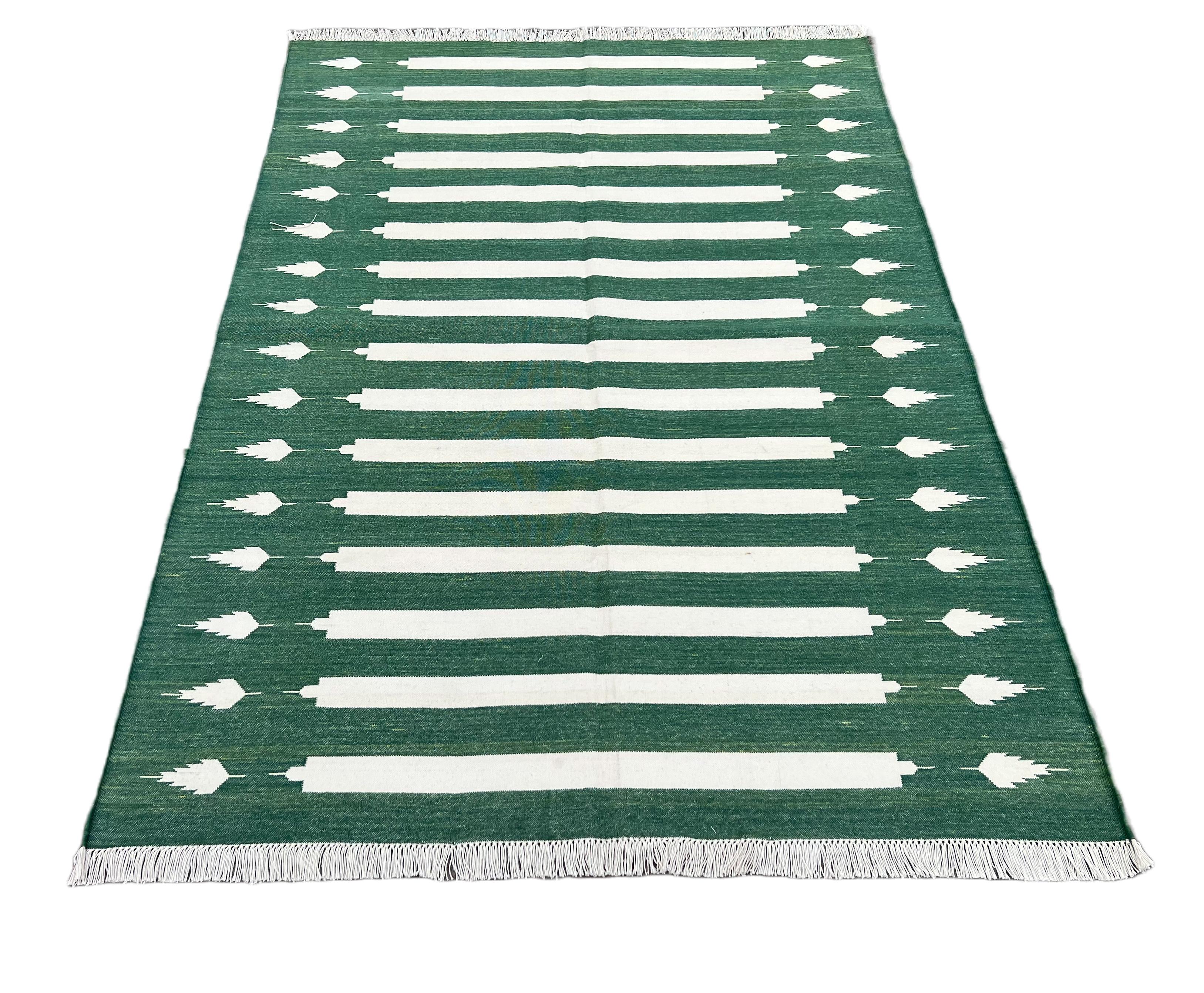 Hand-Woven Handmade Cotton Area Flat Weave Rug, Green And White Striped Indian Dhurrie Rug For Sale
