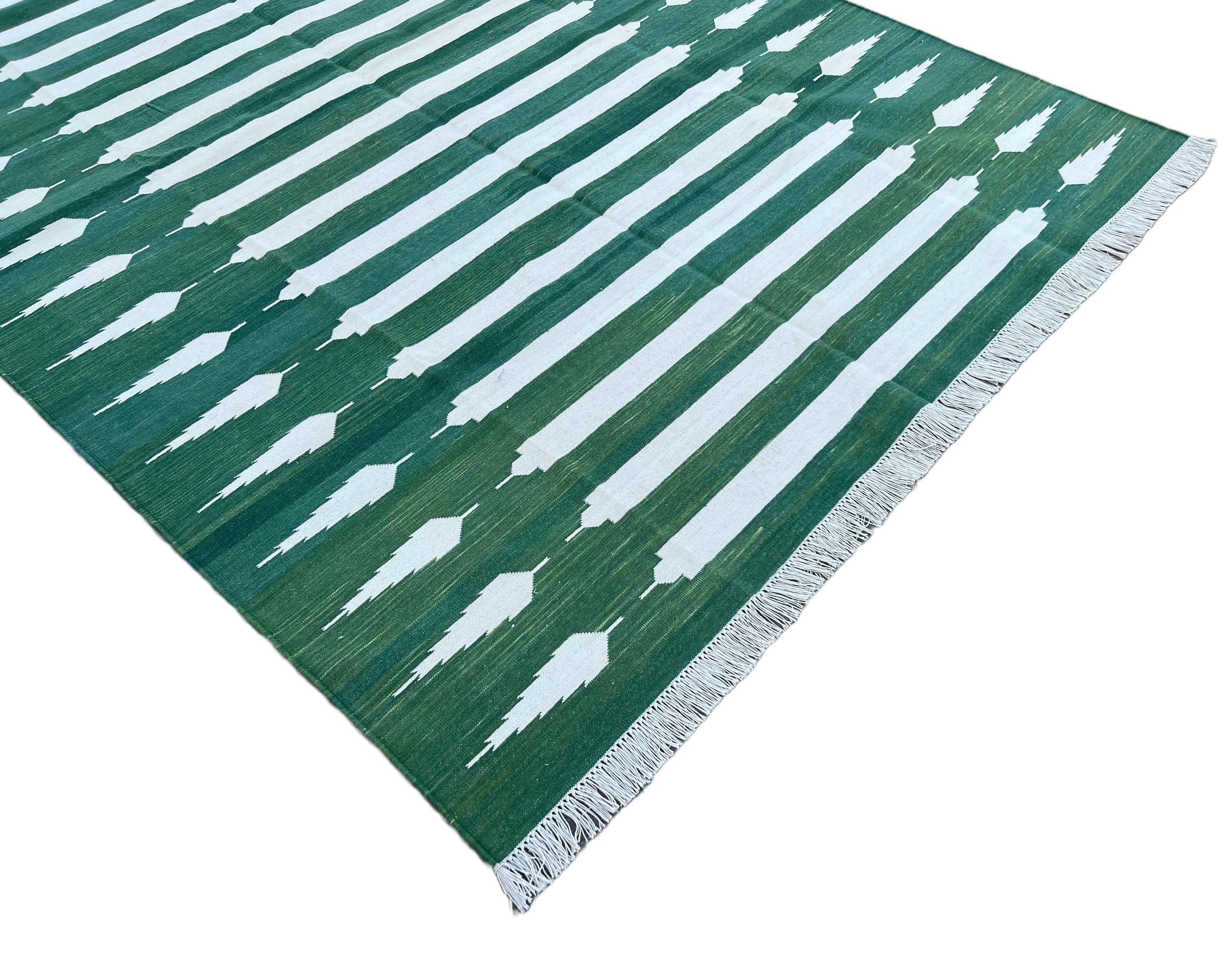 Contemporary Handmade Cotton Area Flat Weave Rug, Green And White Striped Indian Dhurrie Rug For Sale