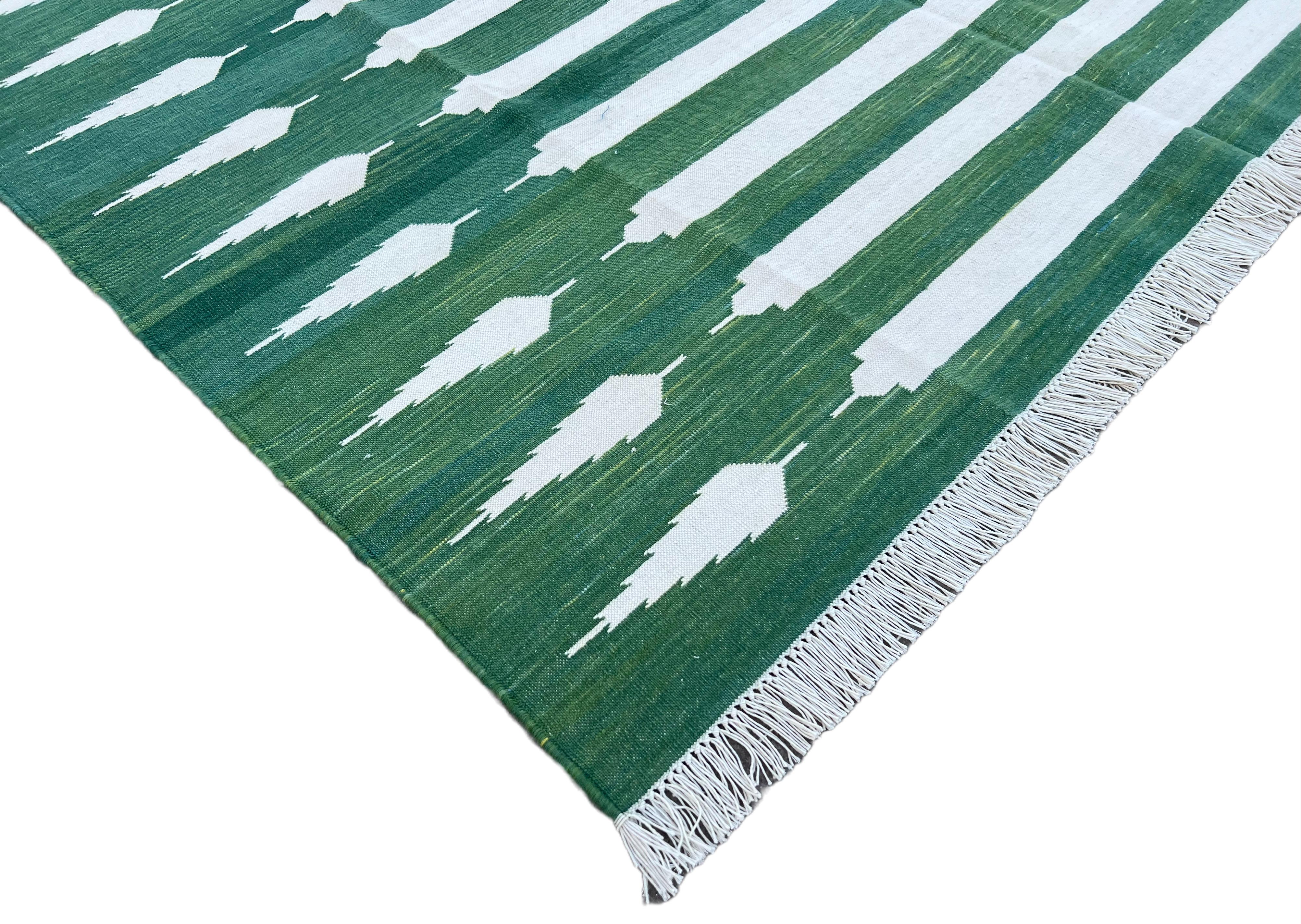 Handmade Cotton Area Flat Weave Rug, Green And White Striped Indian Dhurrie Rug For Sale 1