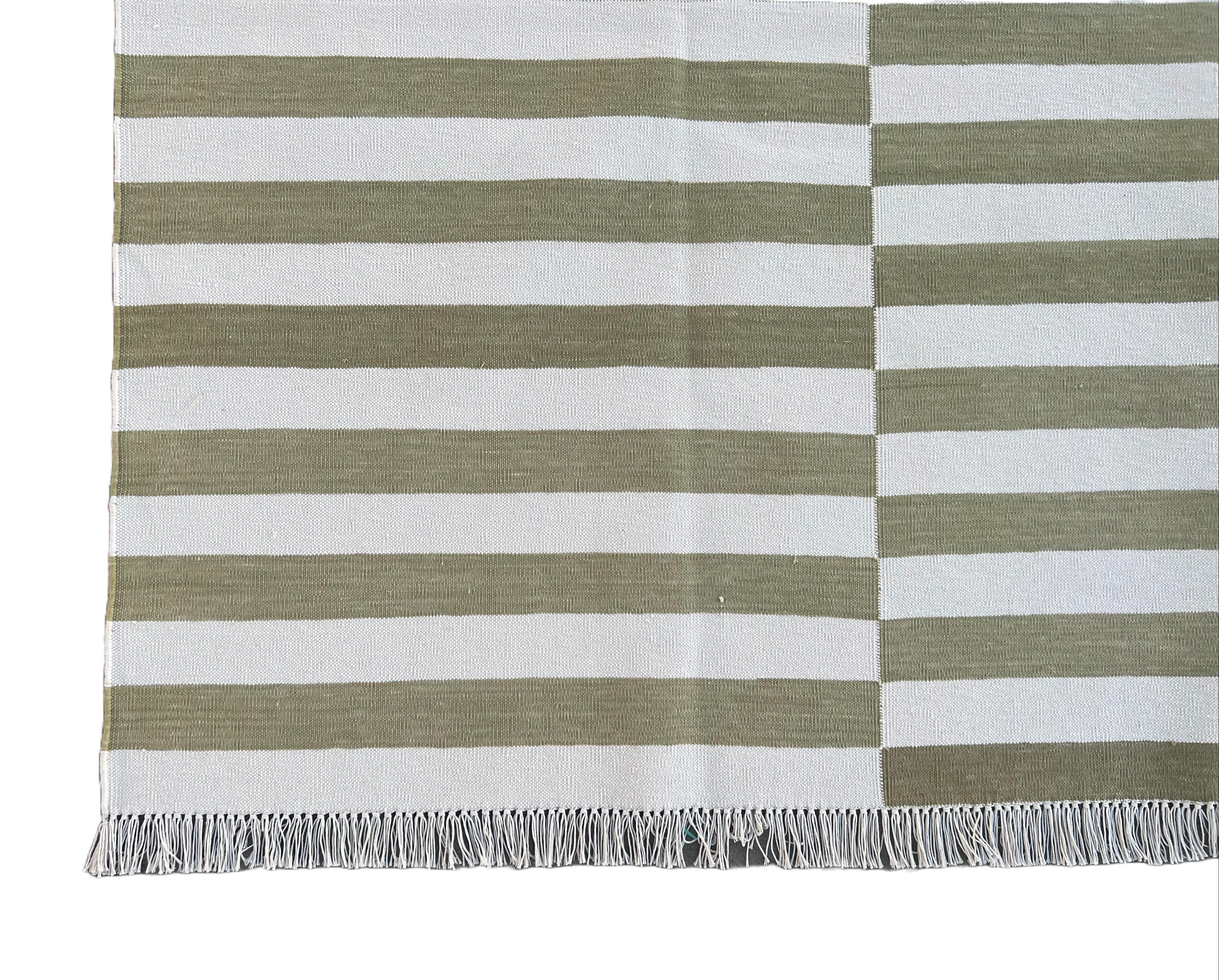 Handmade Cotton Area Flat Weave Rug, Green And White Striped Indian Dhurrie Rug For Sale 2