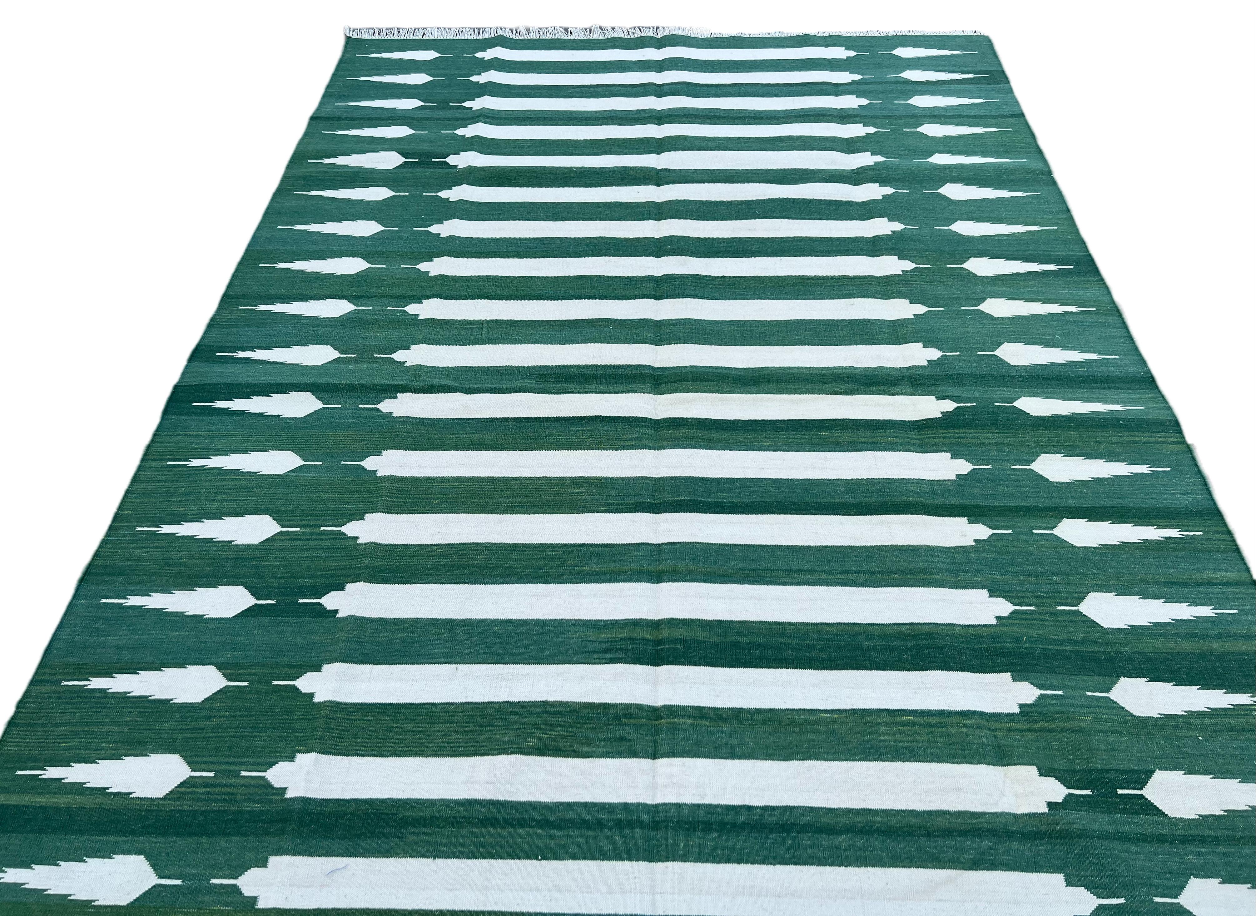 Handmade Cotton Area Flat Weave Rug, Green And White Striped Indian Dhurrie Rug For Sale 3