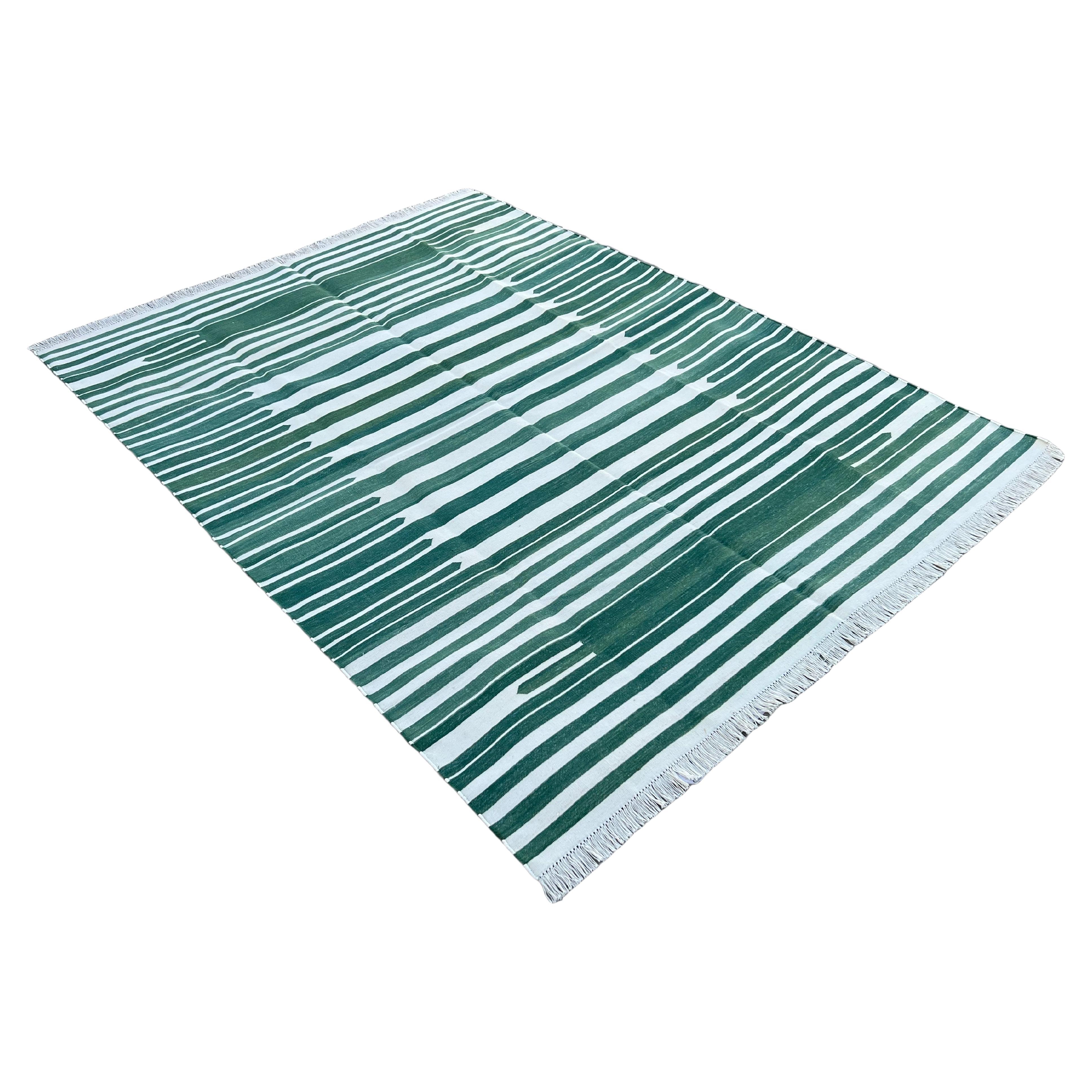 Handmade Cotton Area Flat Weave Rug, Green And White Striped Indian Dhurrie Rug For Sale