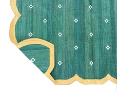 Handmade Cotton Area Flat Weave Rug, Green And Yellow Scalloped Indian Dhurrie