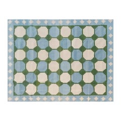 Handgefertigter Flachgewebe-Teppich aus Baumwolle, Grün & Blau 10,5'x12,5 Kacheln, Indischer Dhurrie