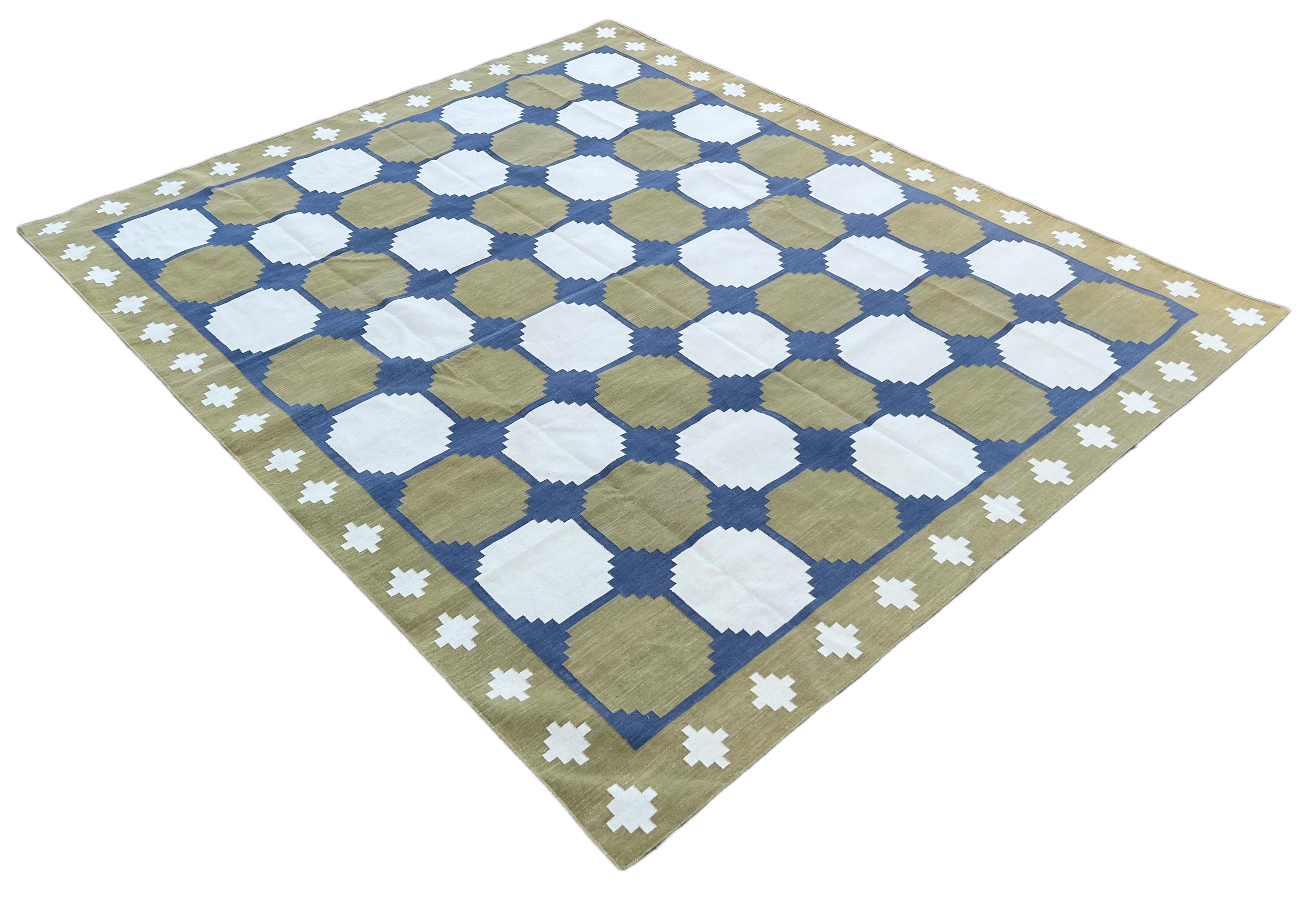 Handmade Cotton Area Flat Weave Rug, Green & Blue Geometric Tile Indian Dhurrie For Sale 4