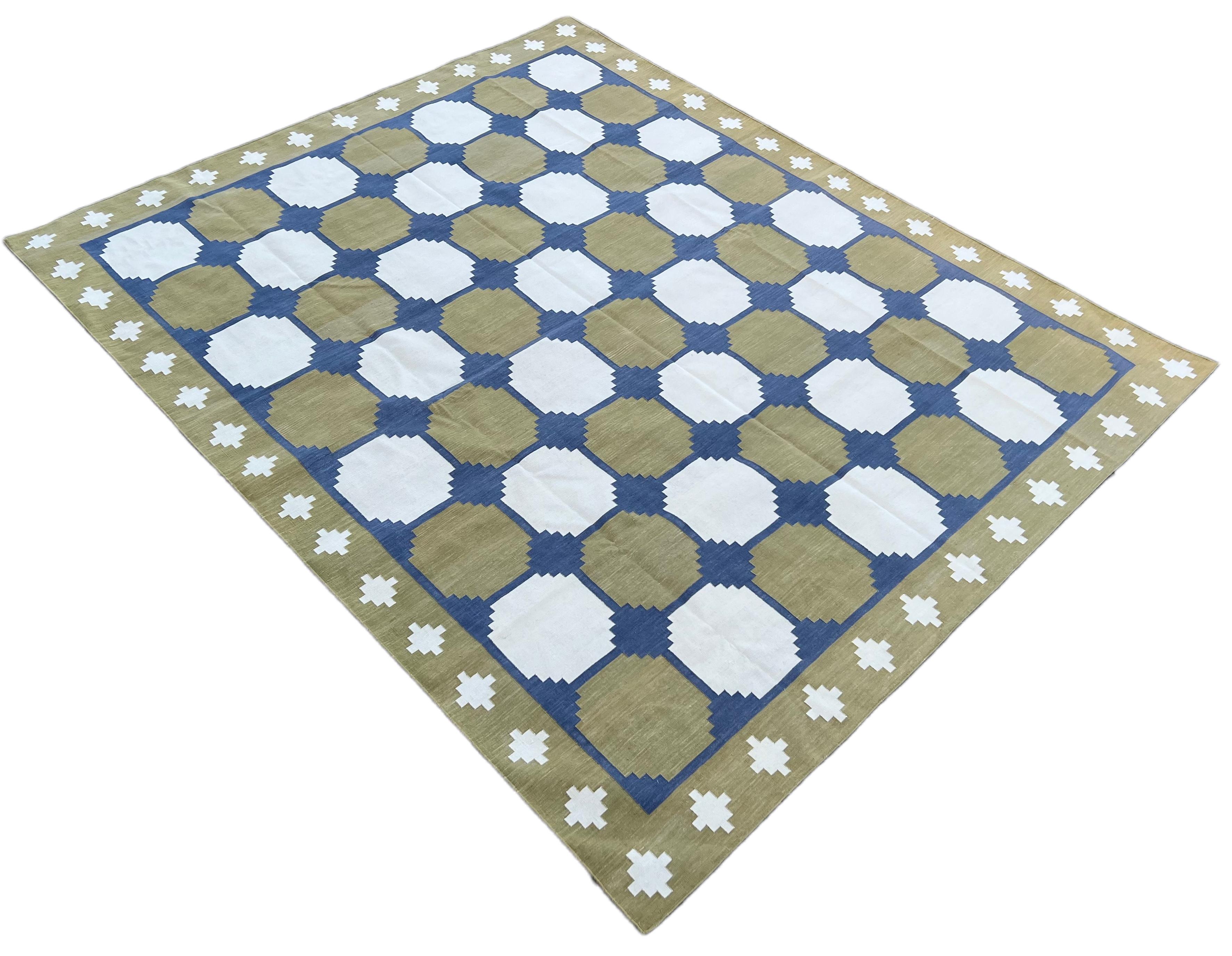 Handmade Cotton Area Flat Weave Rug, Green & Blue Geometric Tile Indian Dhurrie For Sale 5