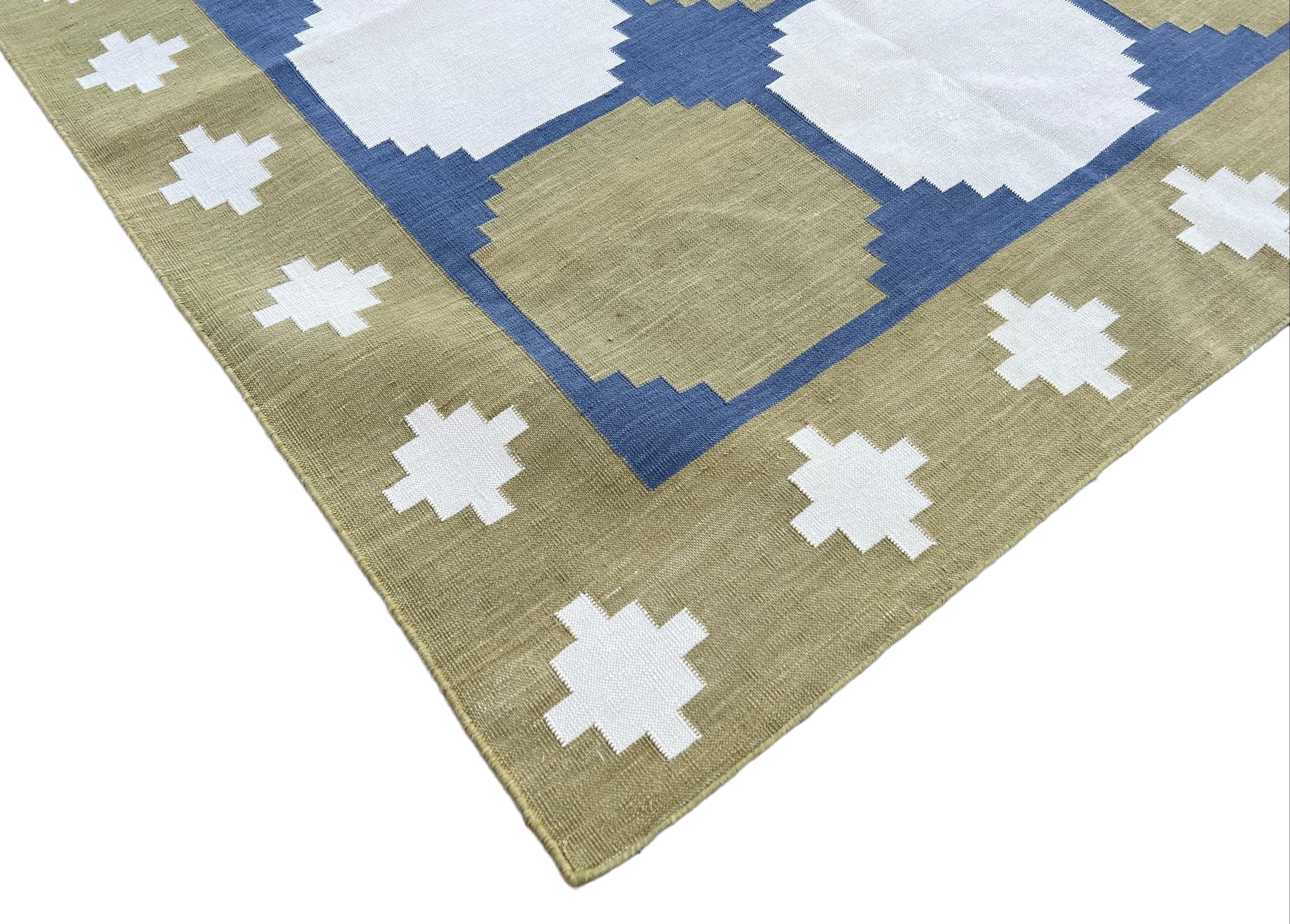 Cotton Vegetable Dyed Reversible Olive Green, Blue And Cream Geometric Patterned Tile Indian Rug - 8'x10'
These special flat-weave dhurries are hand-woven with 15 ply 100% cotton yarn. Due to the special manufacturing techniques used to create our