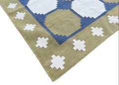 Handmade Cotton Area Flat Weave Rug, Green & Blue Geometric Tile Indian Dhurrie