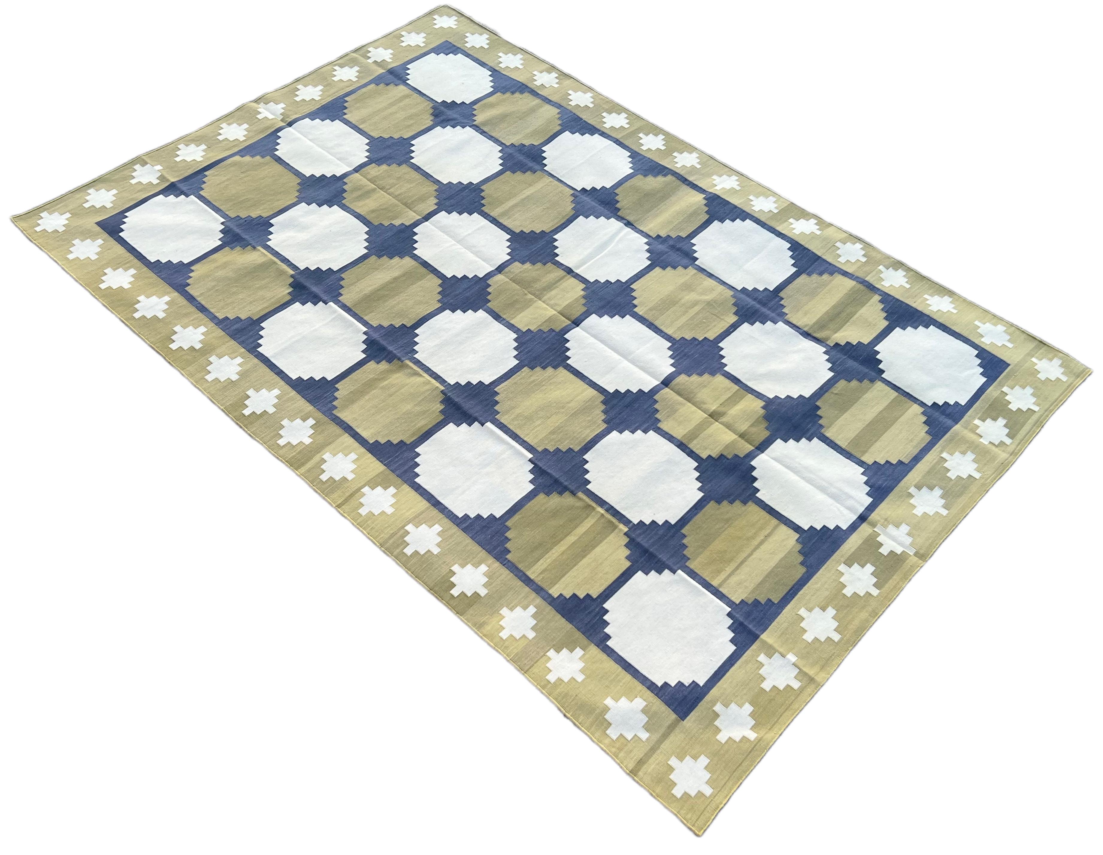 Cotton Vegetable Dyed Reversible Olive Green, Blue And Cream Geometric Patterned Tile Indian Rug - 6'x9'
These special flat-weave dhurries are hand-woven with 15 ply 100% cotton yarn. Due to the special manufacturing techniques used to create our