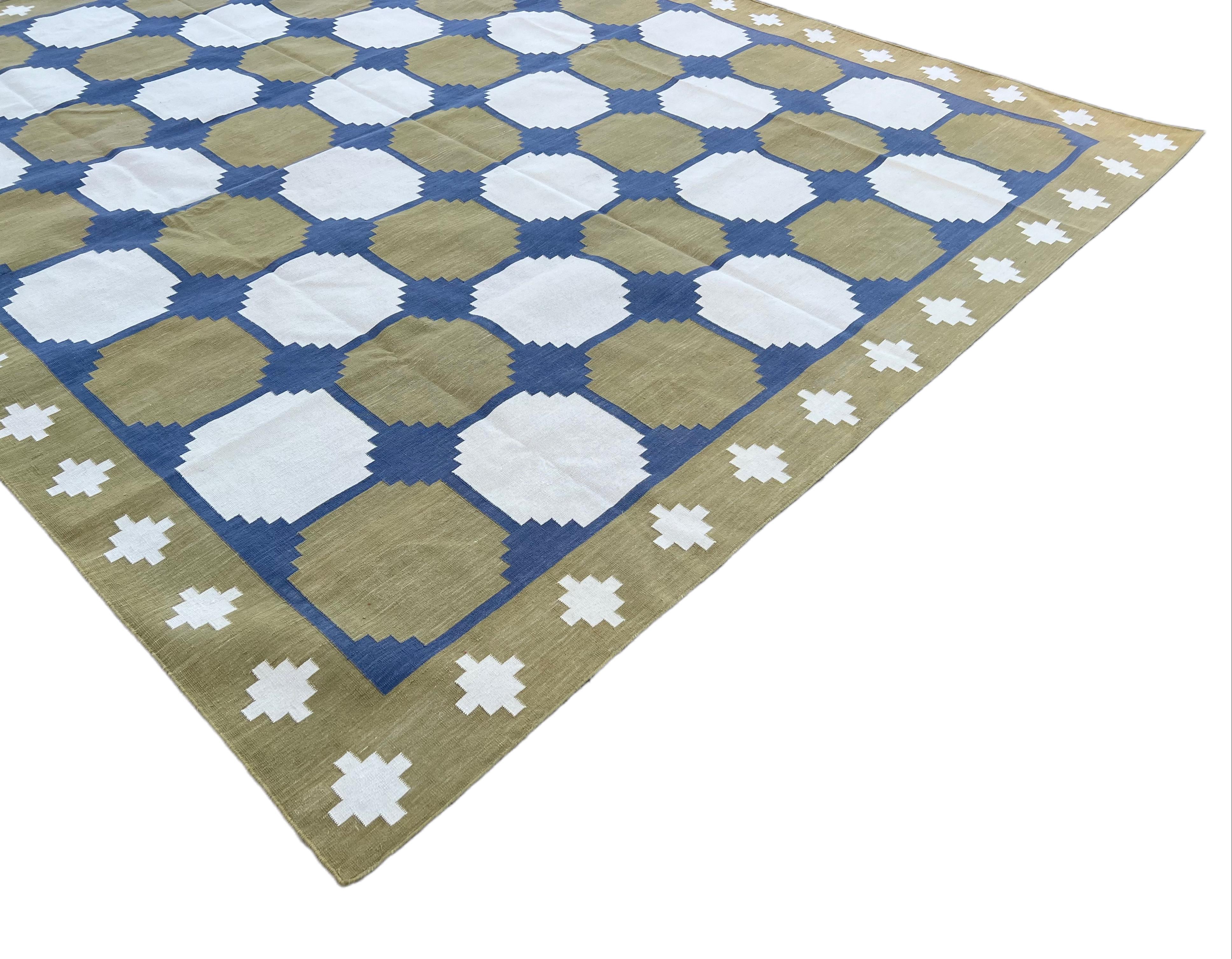 Mid-Century Modern Handmade Cotton Area Flat Weave Rug, Green & Blue Geometric Tile Indian Dhurrie For Sale