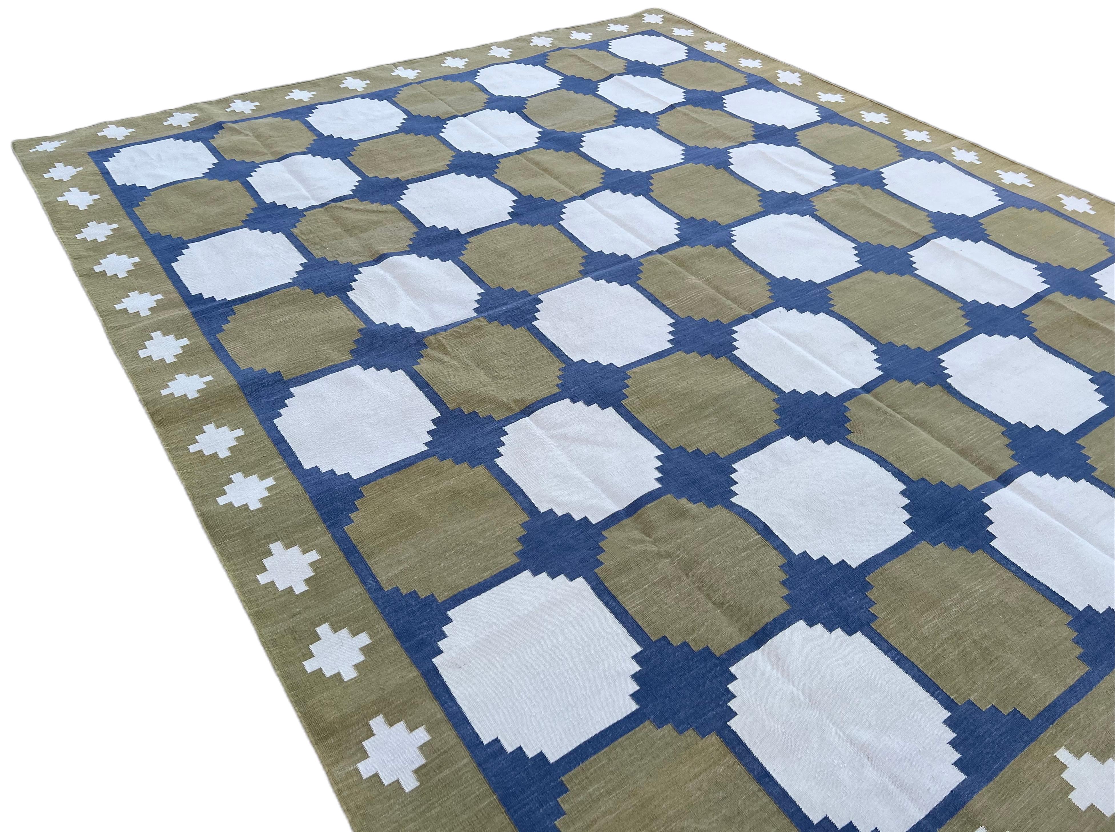 Hand-Woven Handmade Cotton Area Flat Weave Rug, Green & Blue Geometric Tile Indian Dhurrie For Sale